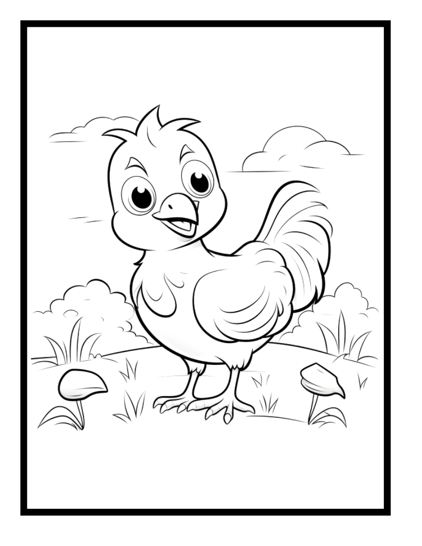 Chicken – animal adventure illustration from the Animal Kingdom Adventures Coloring Book by Ruby Doodle