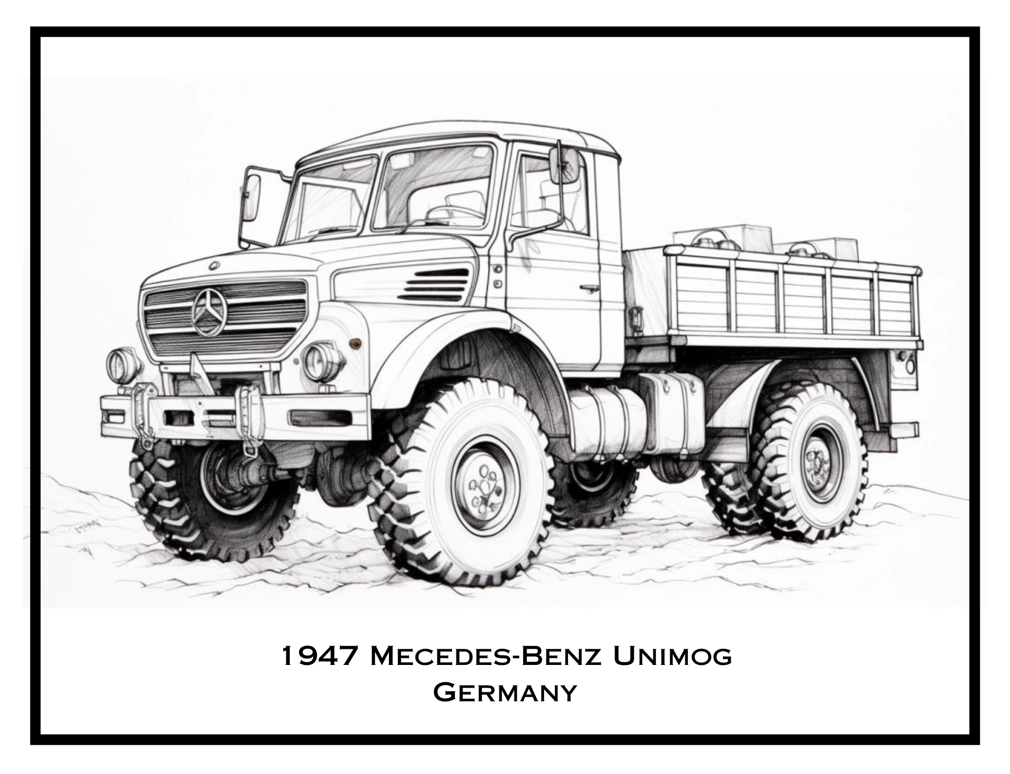 1947 Mercedes-Benz Unimog from Germany – classic truck illustration from The Pickup Truck Coloring Book by Ruby Doodle