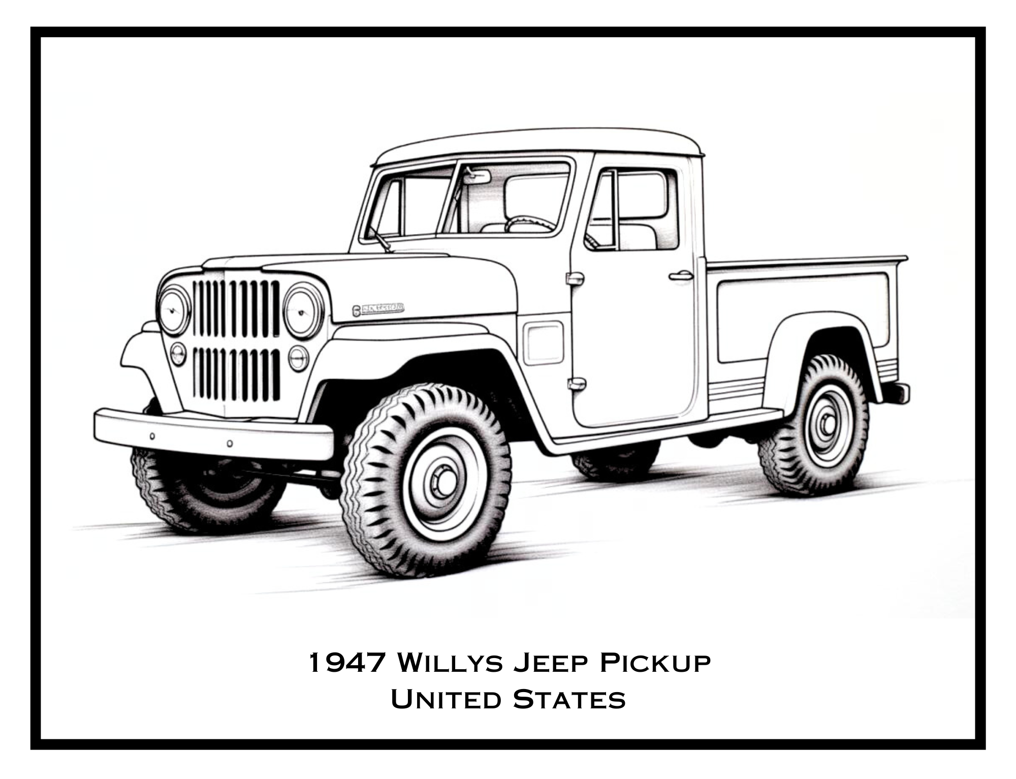 1947 Willys Jeep Pickup from the USA – classic truck illustration from The Pickup Truck Coloring Book by Ruby Doodle