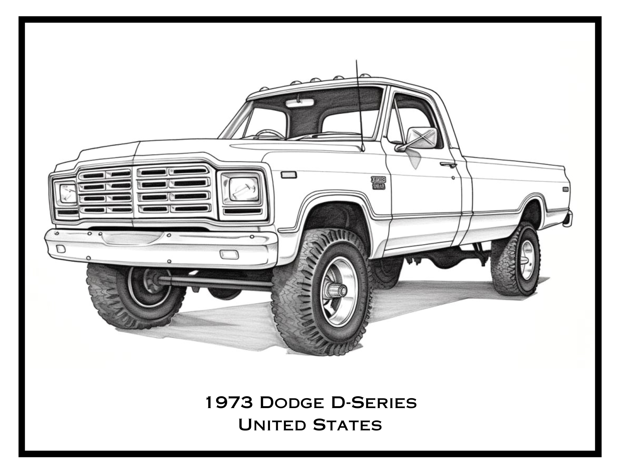 1973 Dodge D-Series from the USA – classic truck illustration from The Pickup Truck Coloring Book by Ruby Doodle