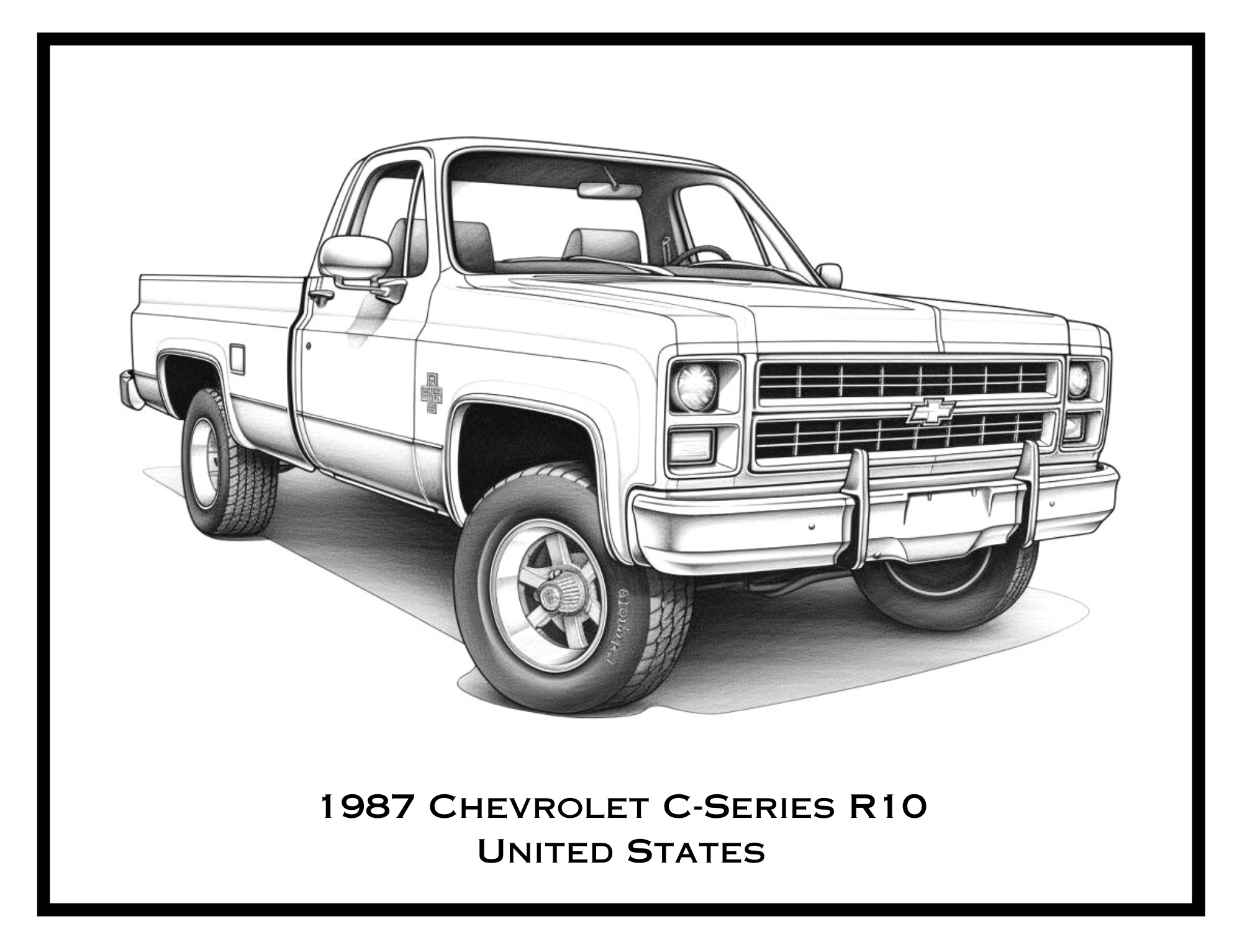 1987 Chevrolet C-Series 410 from the USA – detailed vintage truck illustration from The Pickup Truck Coloring Book by Ruby Doodle