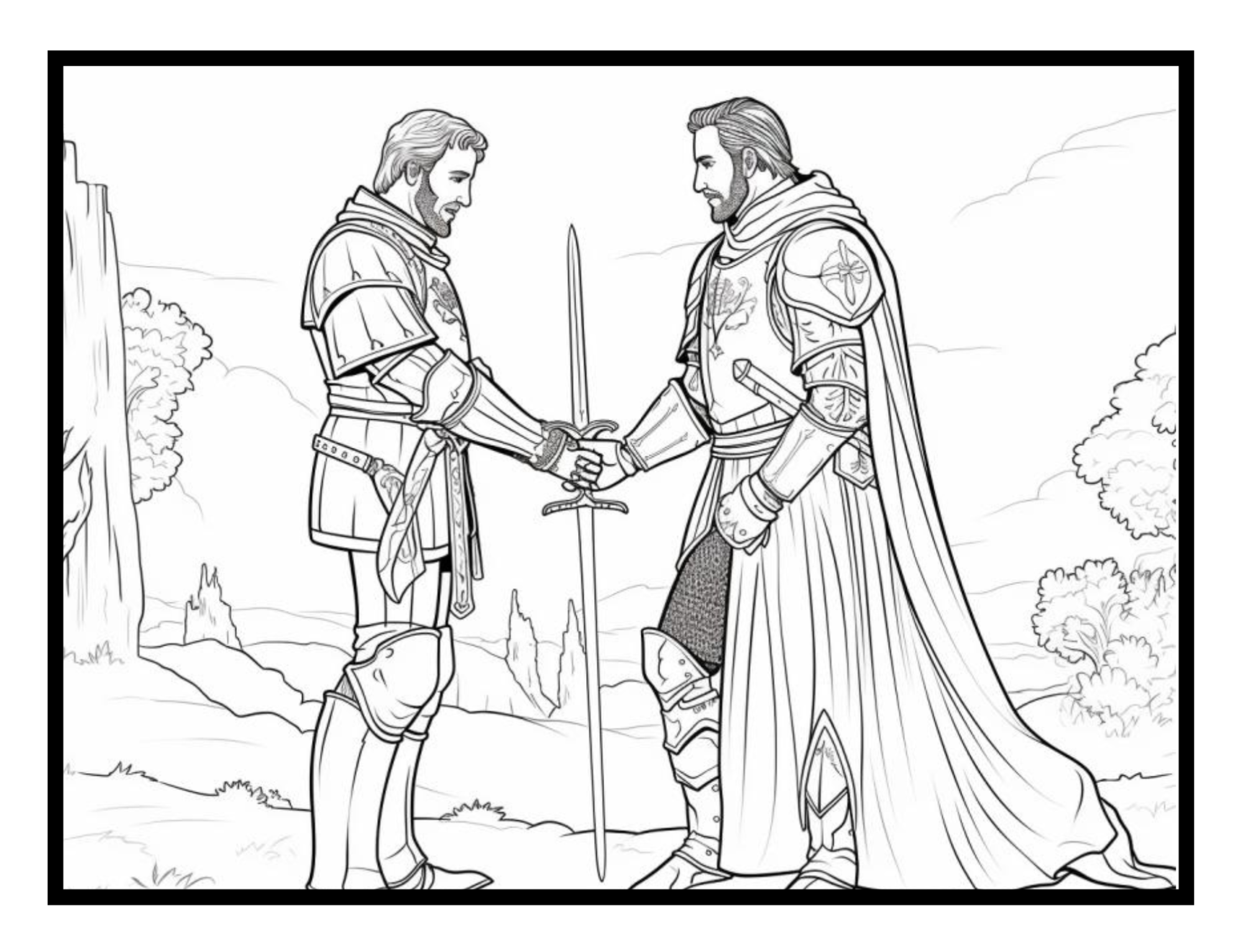 Two knights swearing an oath to each other – fantasy illustration from the Enchanted Realms Coloring Book by Ruby Doodle