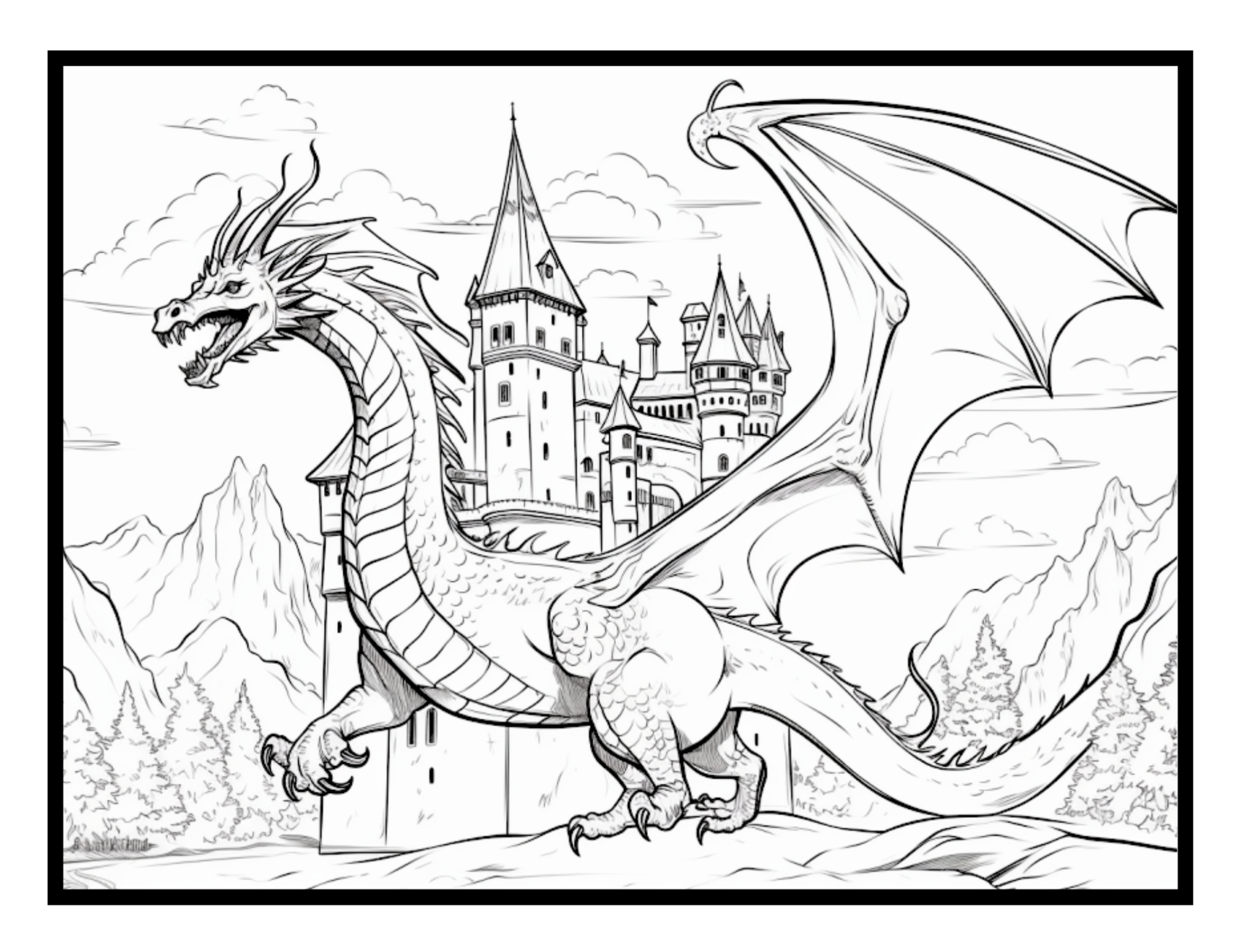 A dragon flying near a castle – fantasy illustration from the Enchanted Realms Coloring Book by Ruby Doodle