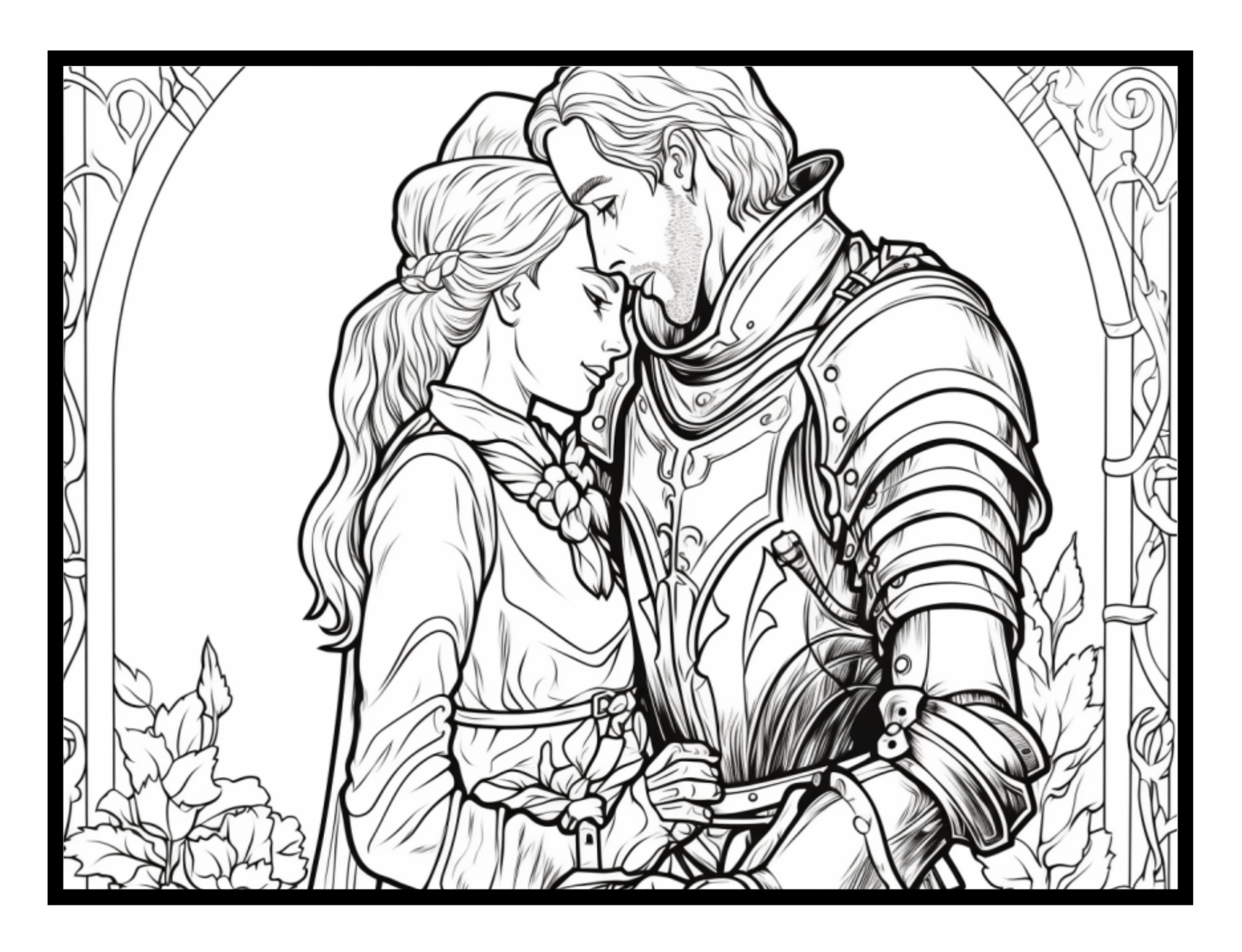 A knight and his princess – fantasy illustration from the Enchanted Realms Coloring Book by Ruby Doodle