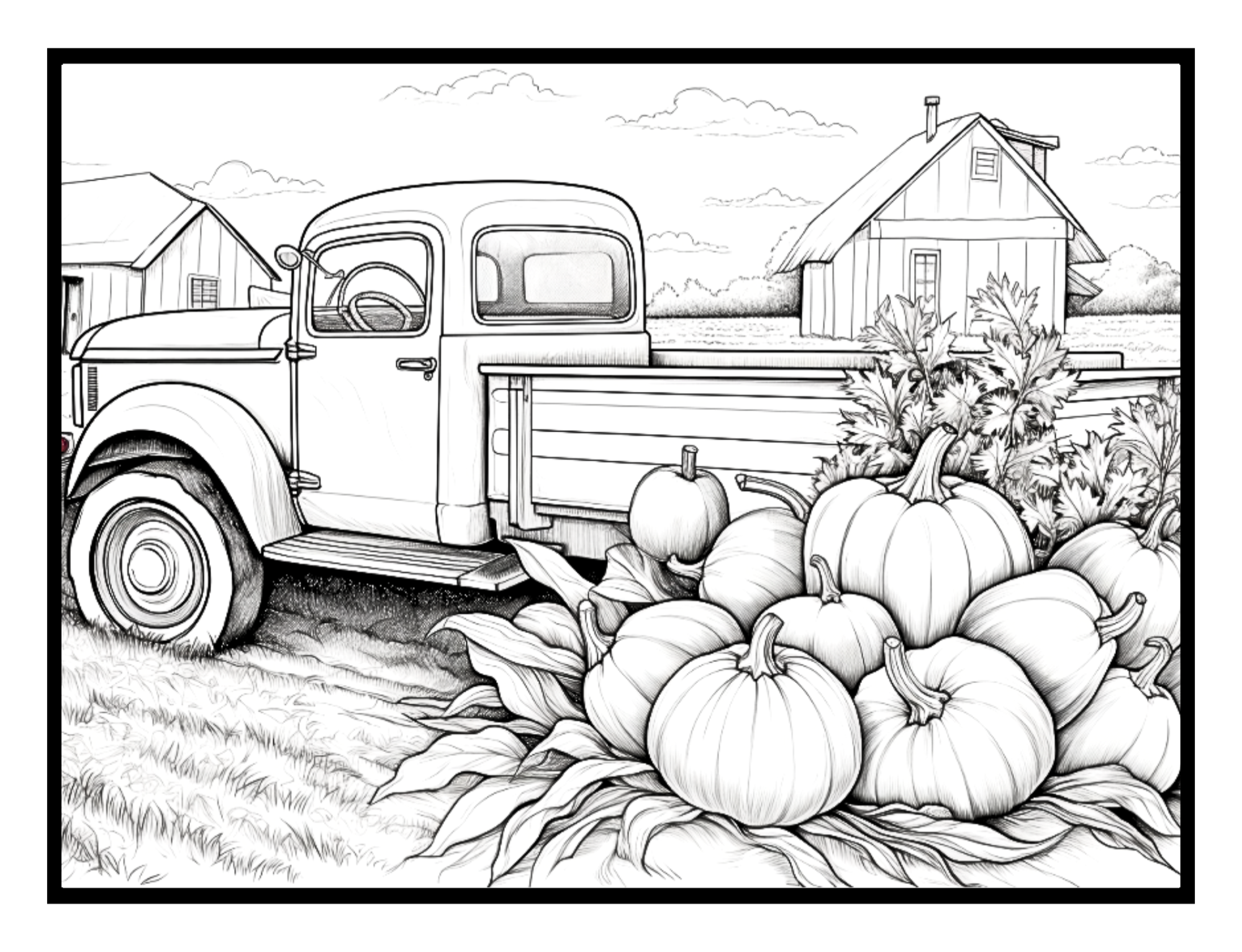 Pumpkins near an old truck – autumn-themed illustration from the Falling Leaves Coloring and Activity Book by Ruby Doodle