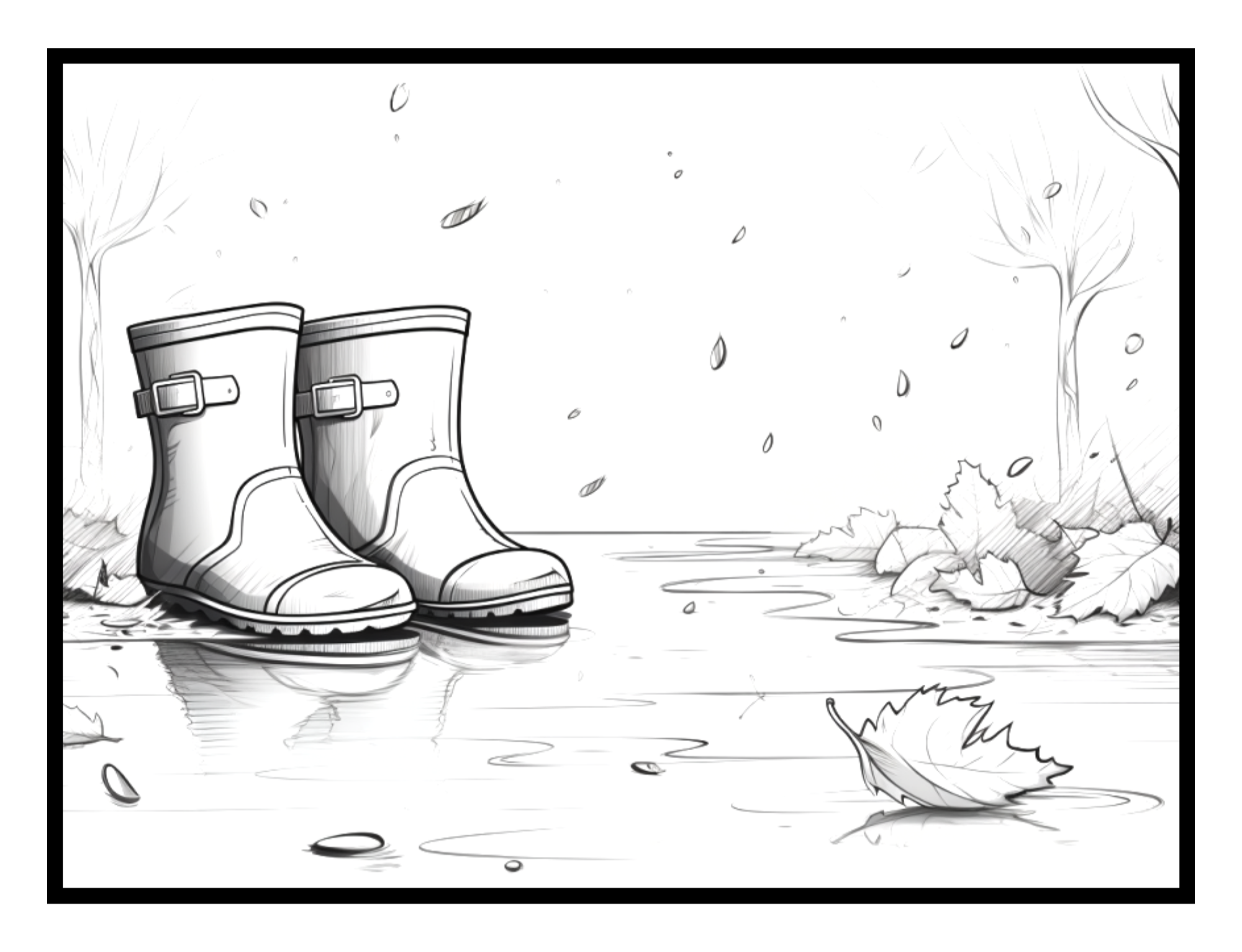 Rainboots with falling leaves – autumn-themed illustration from the Falling Leaves Coloring and Activity Book by Ruby Doodle