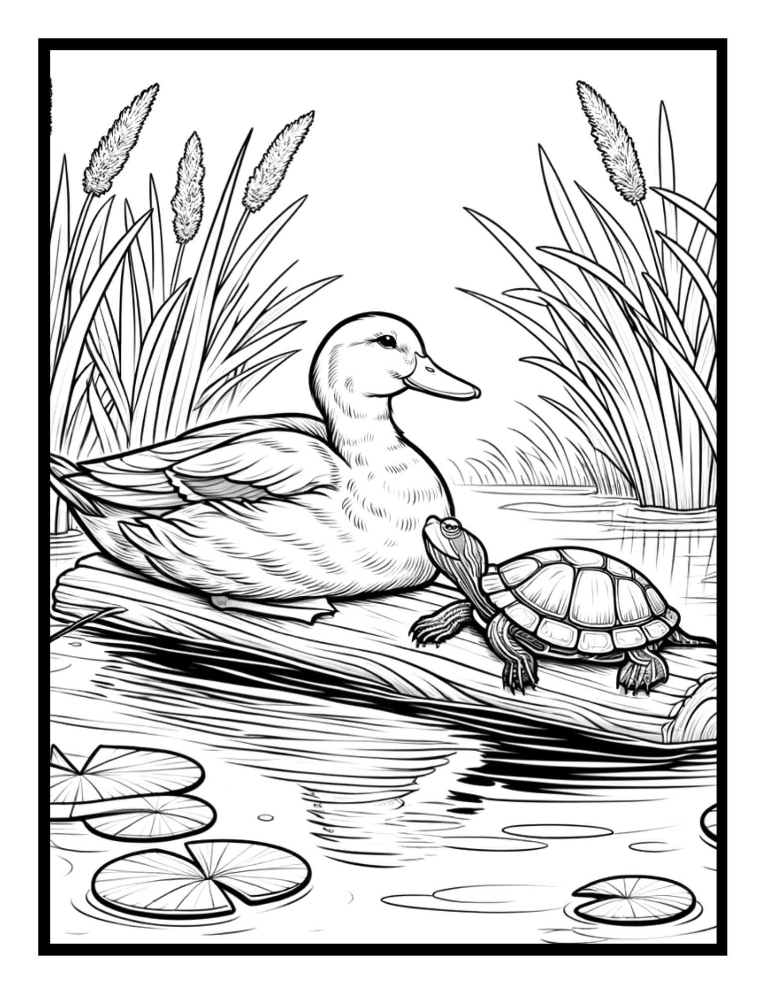 A turtle and a duck sitting on a log in the pond – heartwarming illustration from the Tale of Two Coloring Book by Ruby Doodle