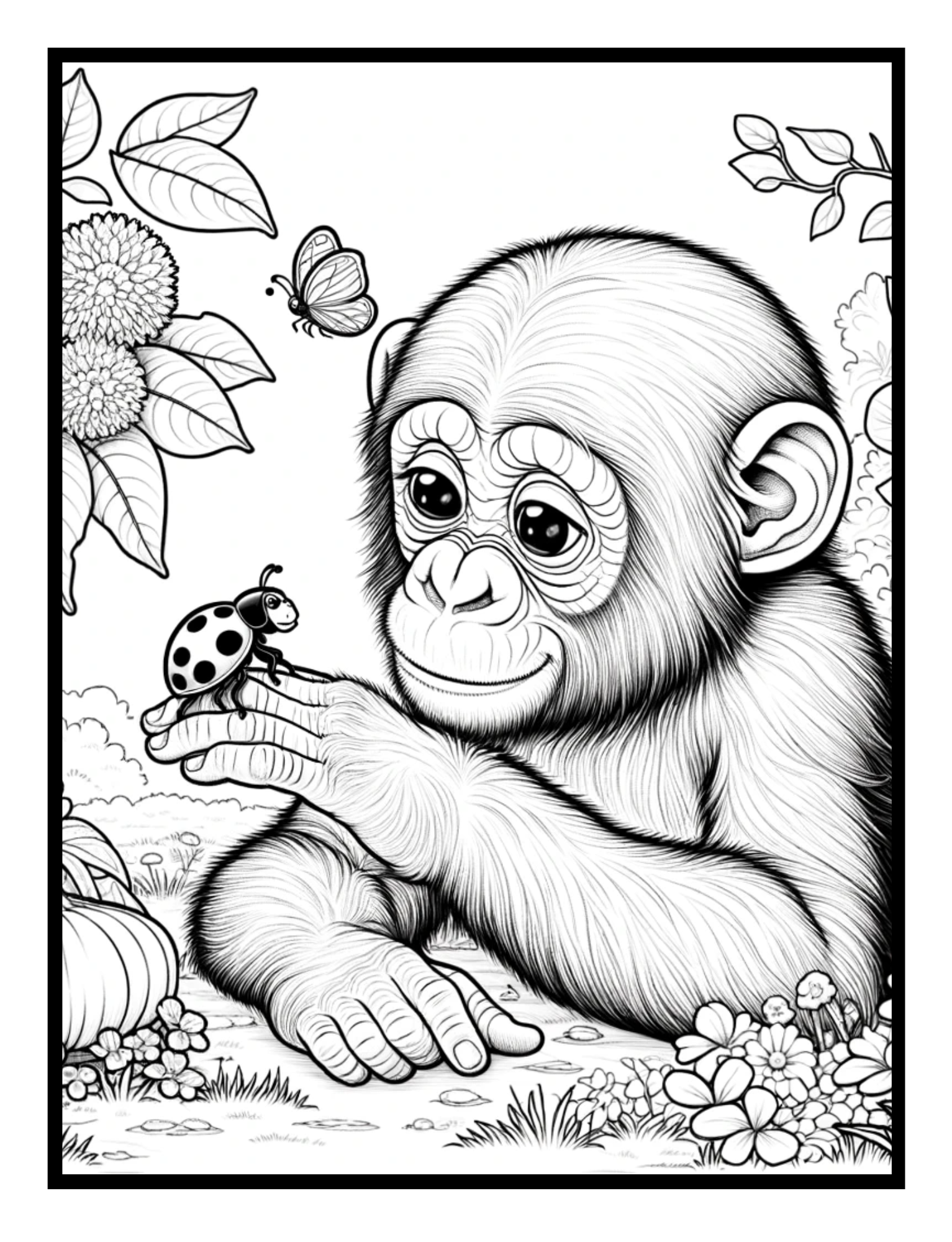 A monkey with a ladybug on its finger – heartwarming illustration from the Tale of Two Coloring Book by Ruby Doodle