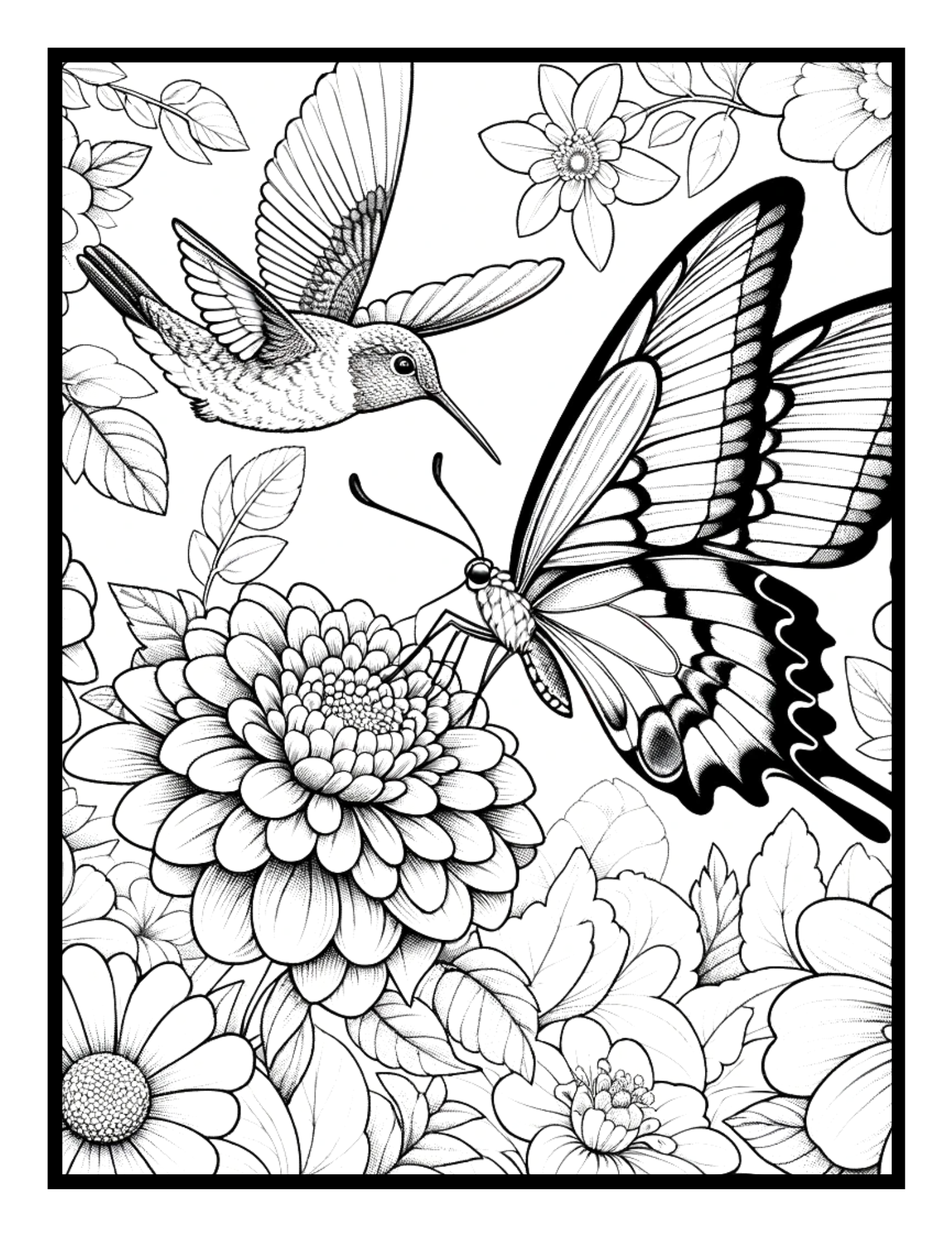 A butterfly and a hummingbird – heartwarming illustration from the Tale of Two Coloring Book by Ruby Doodle