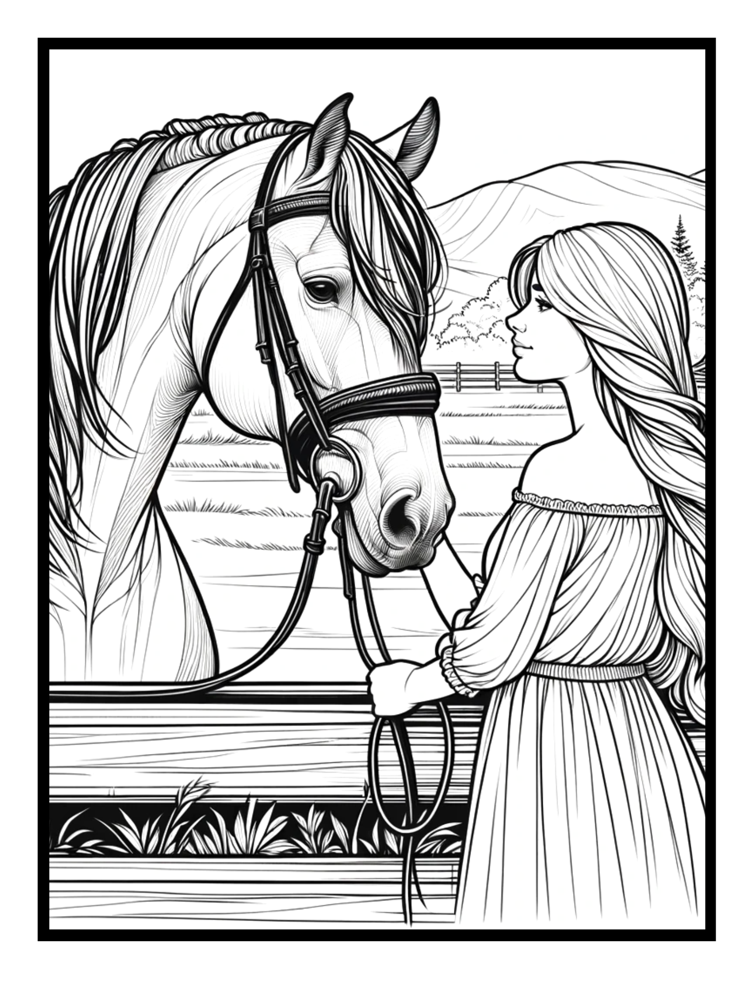 “A girl standing with a horse – heartwarming illustration from the Tale of Two Coloring Book by Ruby Doodle