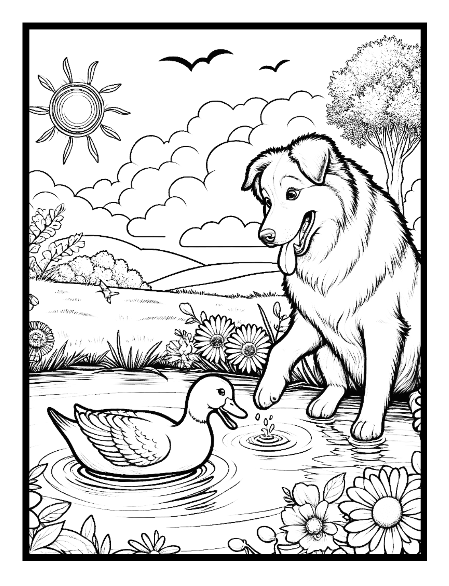 A dog and a duck by the pond – heartwarming illustration from the Tale of Two Coloring Book by Ruby Doodle