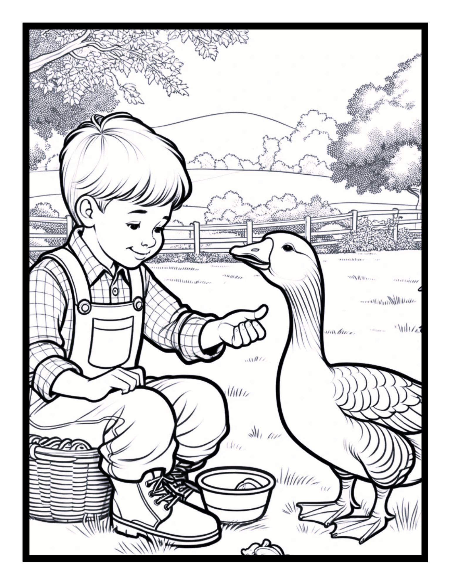 A boy with a goose – heartwarming illustration from the Tale of Two Coloring Book by Ruby Doodle