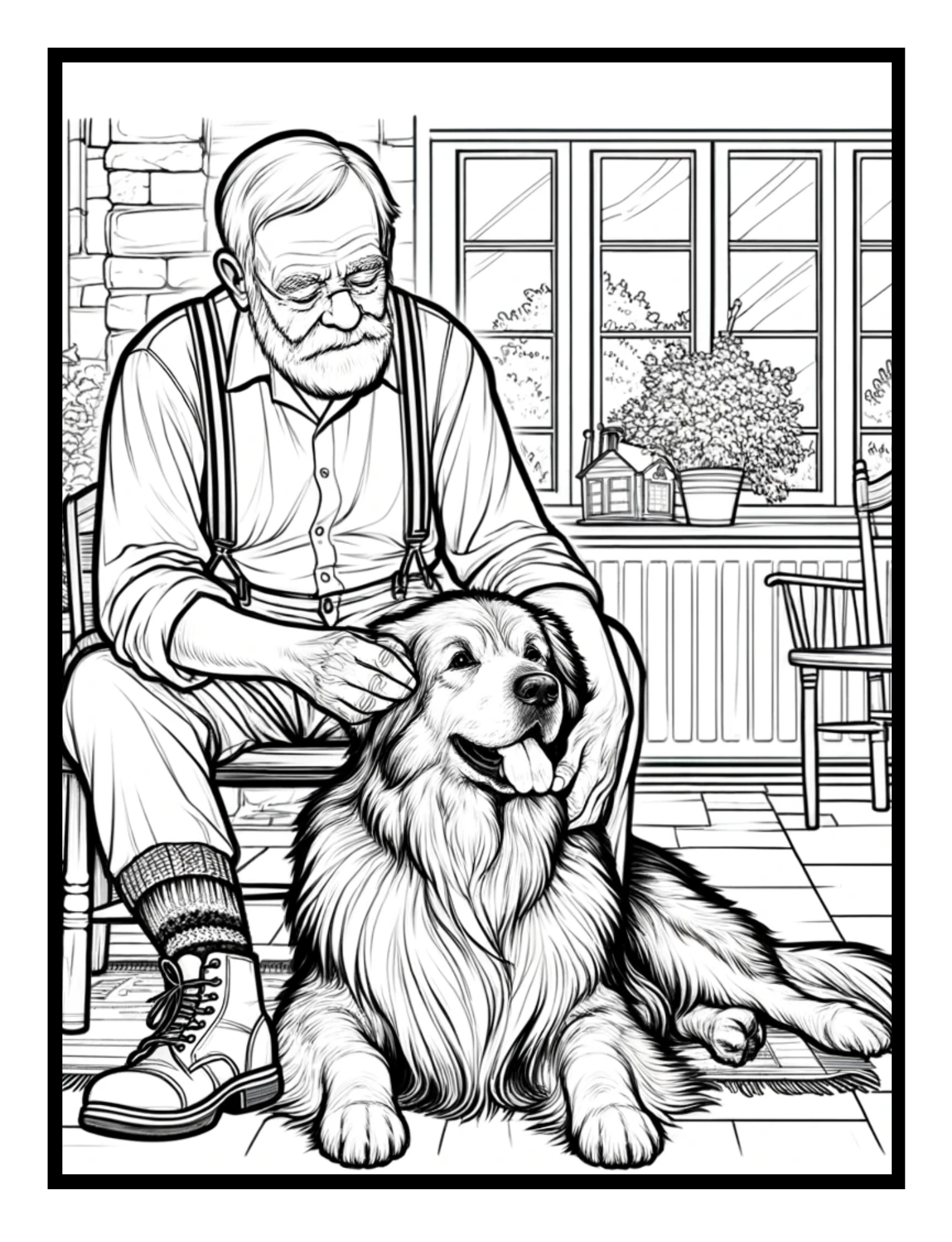 Grandpa sitting with a dog – heartwarming illustration from the Tale of Two Coloring Book by Ruby Doodle