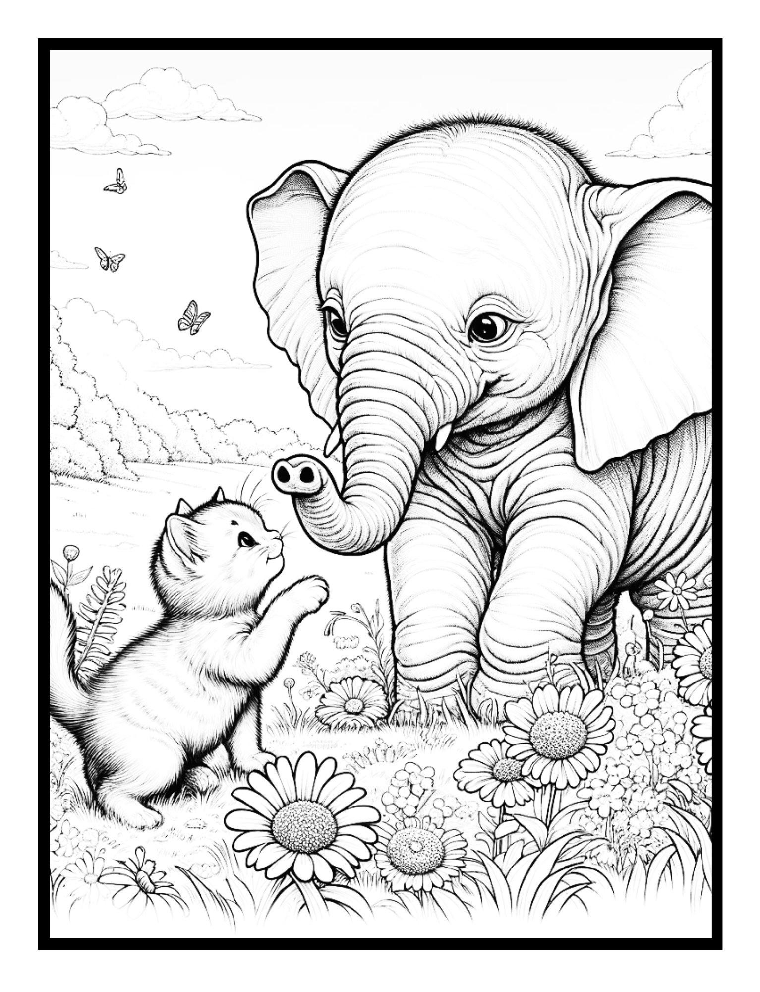 An elephant and a kitten in a meadow with flowers – heartwarming illustration from the Tale of Two Coloring Book by Ruby Doodle