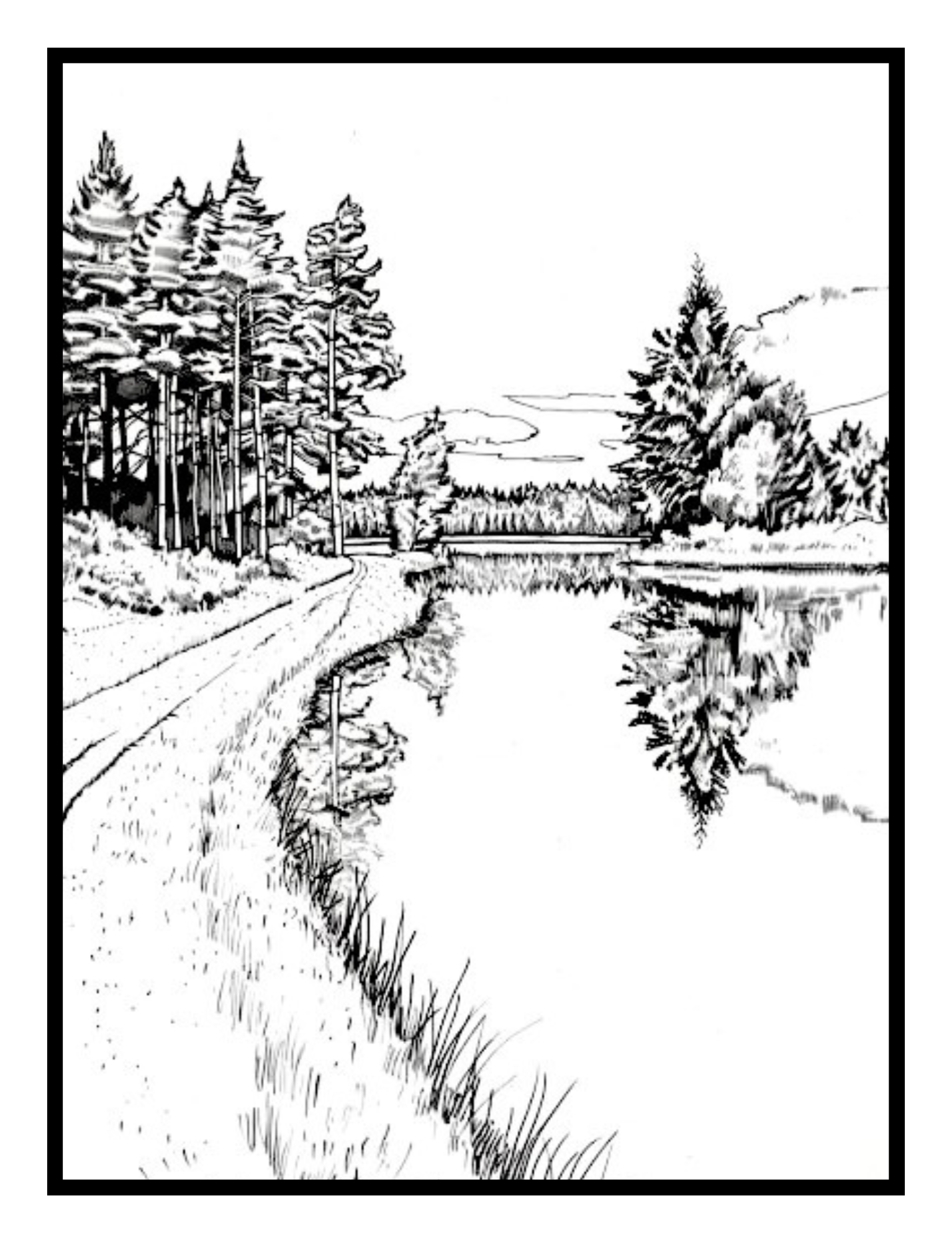 A road by a river surrounded by trees – peaceful countryside illustration from the Cozy Country Charm Coloring Book by Ruby Doodle
