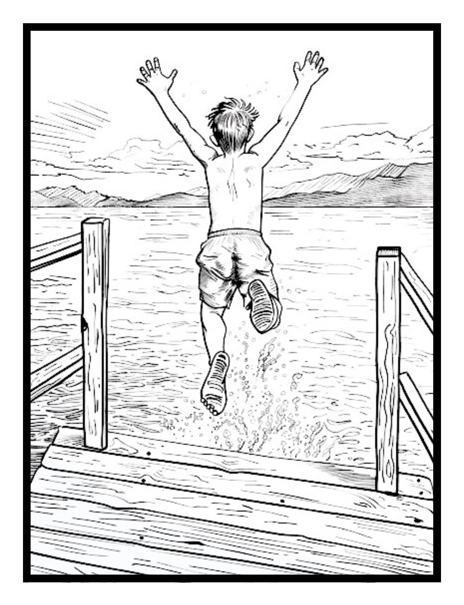 A boy jumping off a dock into the lake – peaceful countryside illustration from the Cozy Country Charm Coloring Book by Ruby Doodle