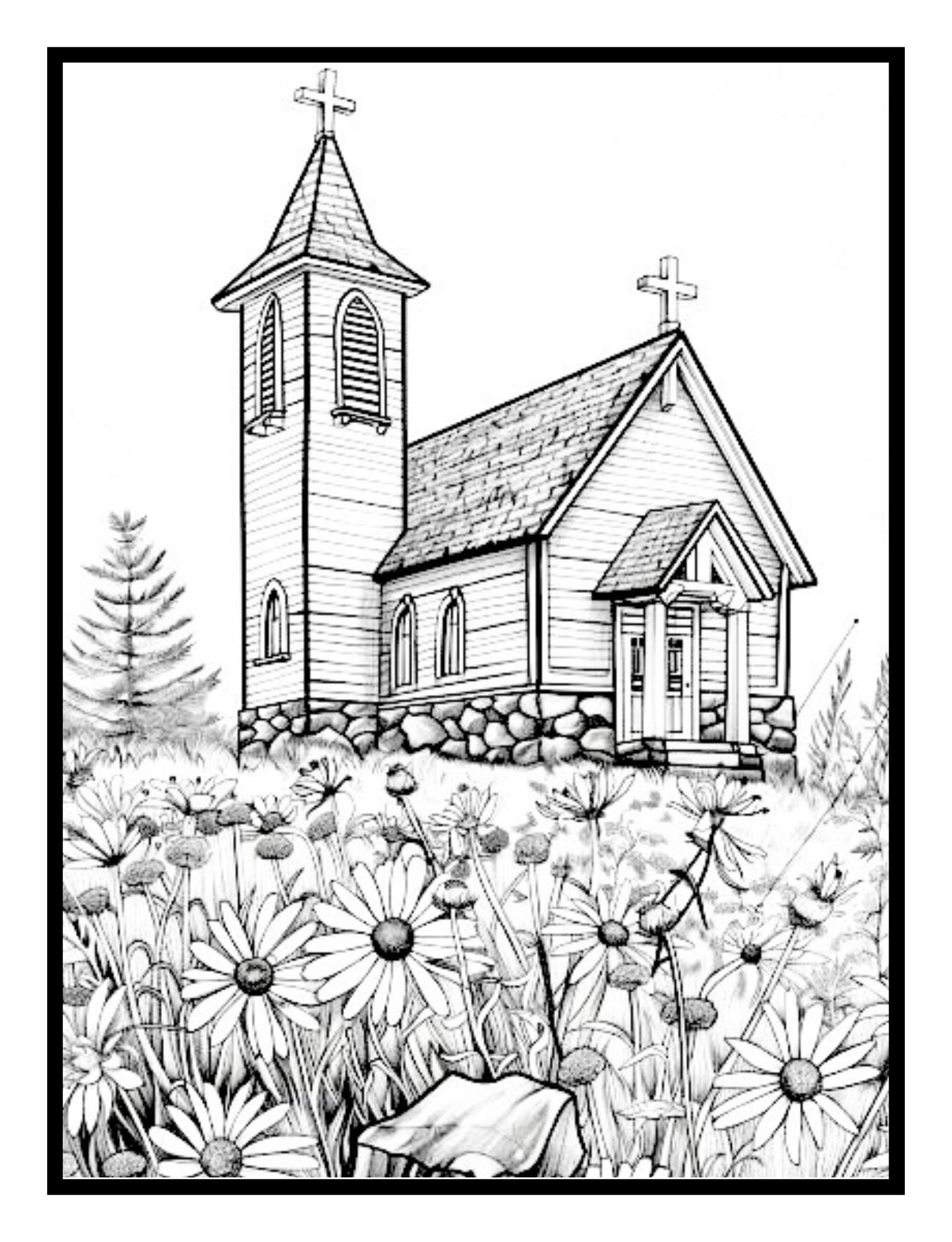 A country church on a hill with a meadow of daisies – peaceful countryside illustration from the Cozy Country Charm Coloring Book by Ruby Doodle
