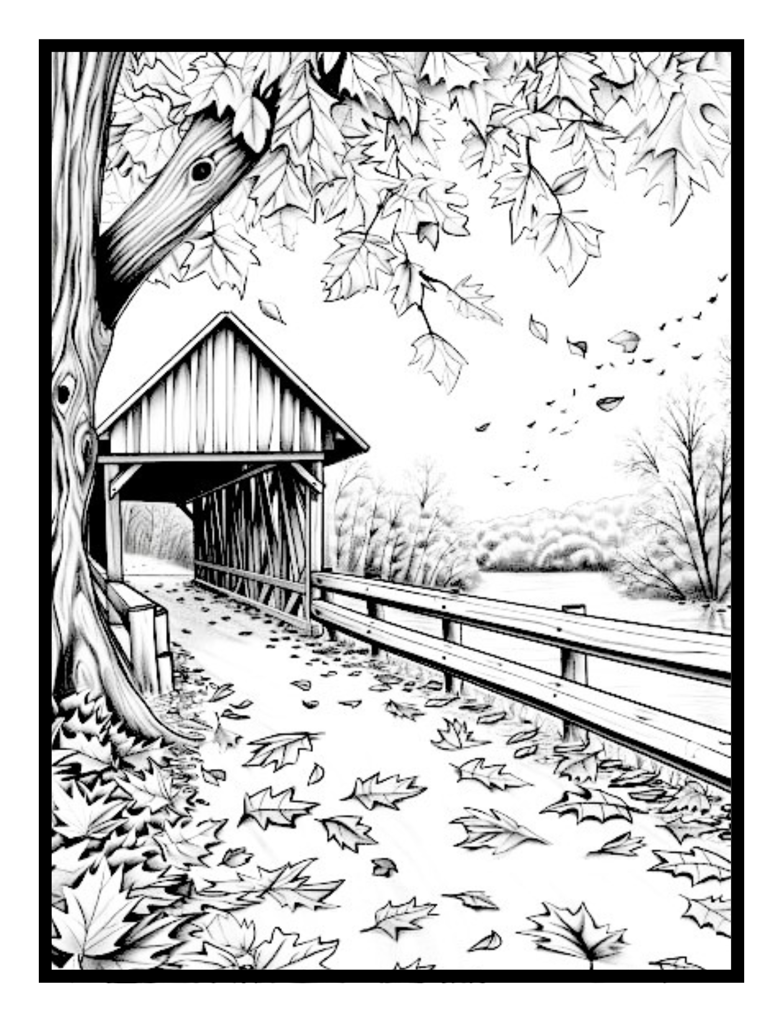 Covered bridge in autumn with leaves scattered everywhere – peaceful countryside illustration from the Cozy Country Charm Coloring Book by Ruby Doodle