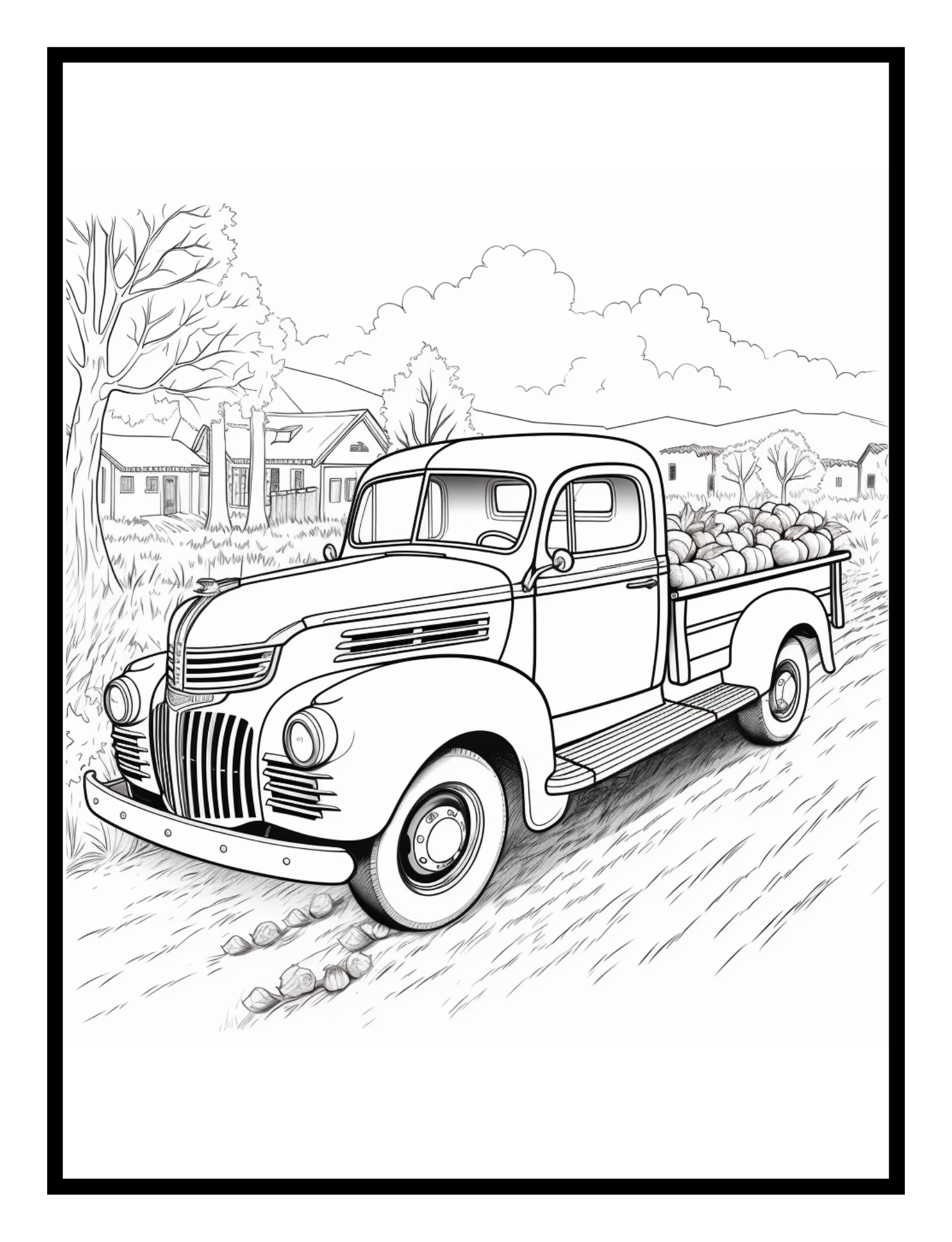 Old pickup truck – autumn-themed illustration from the Falling Leaves Coloring and Activity Book by Ruby Doodle