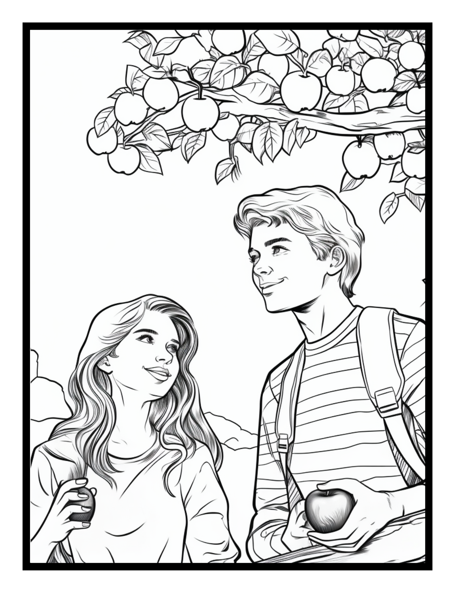 Teens standing under an apple tree – autumn-themed illustration from the Falling Leaves Coloring and Activity Book by Ruby Doodle