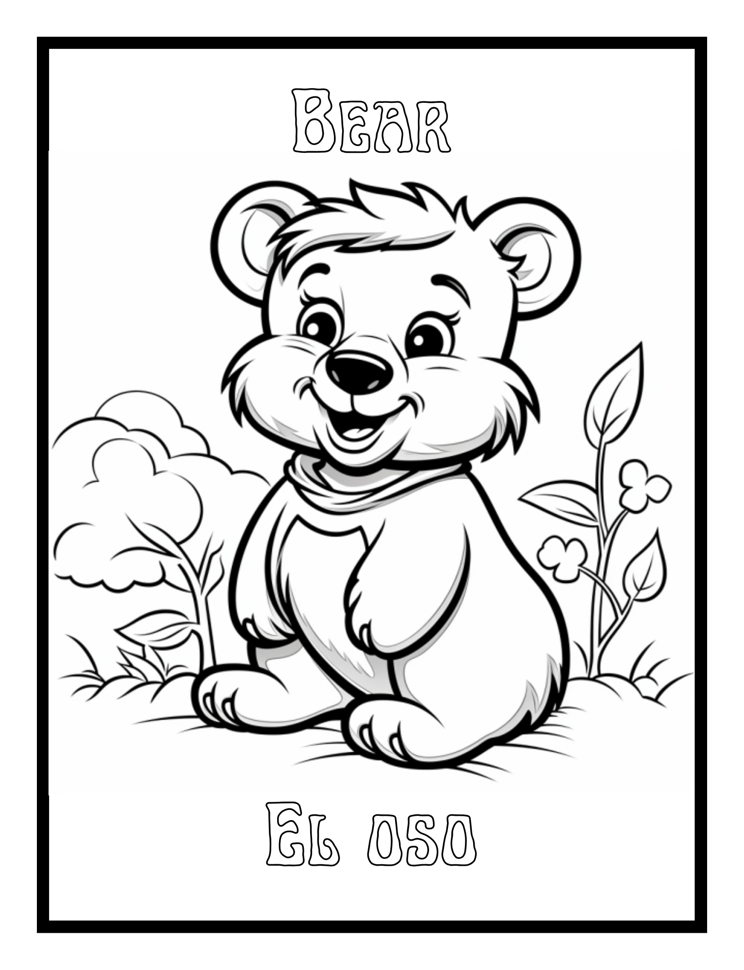 Bear – bilingual animal illustration (English-Spanish) from the Toddler Animal Coloring Book by Ruby Doodle