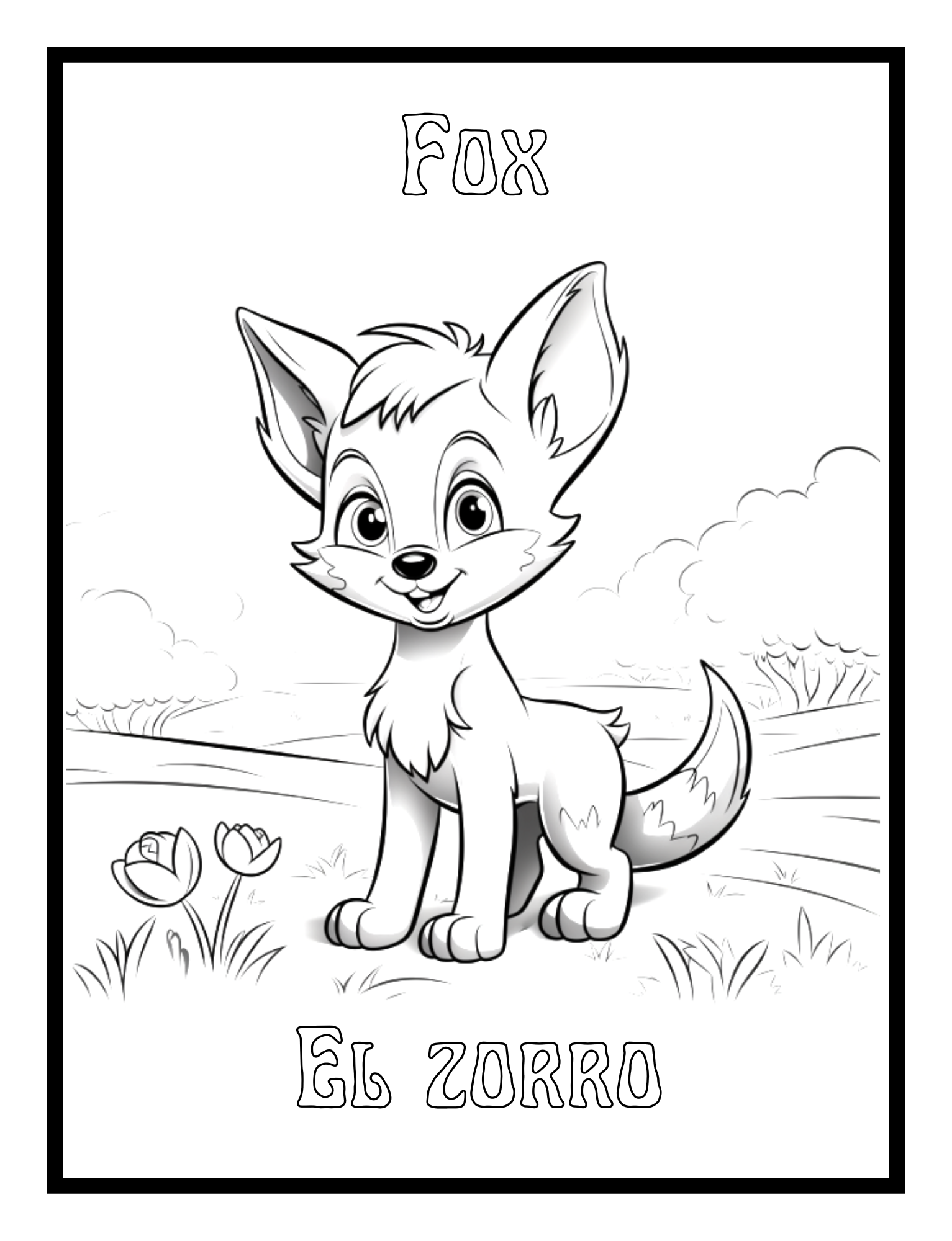 Fox – bilingual animal illustration (English-Spanish) from the Toddler Animal Coloring Book by Ruby Doodle