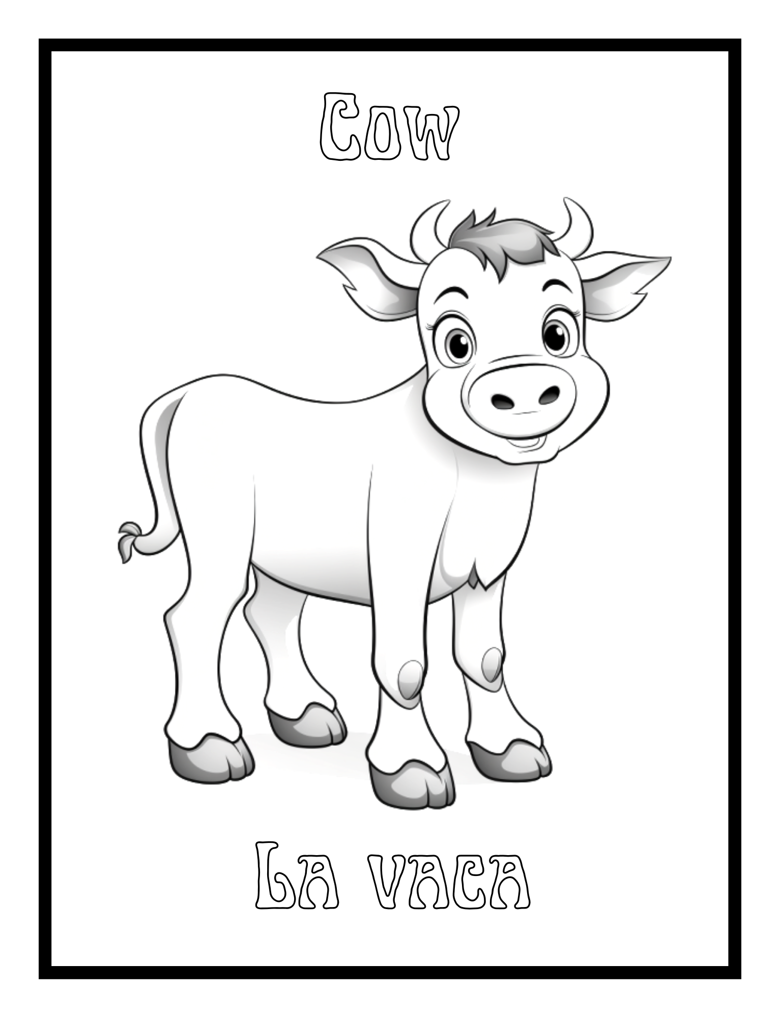 Cow – bilingual animal illustration (English-Spanish) from the Toddler Animal Coloring Book by Ruby Doodle