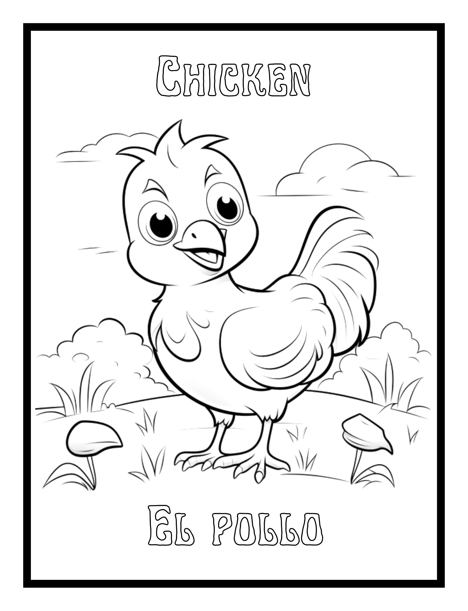 Chicken – bilingual animal illustration (English-Spanish) from the Toddler Animal Coloring Book by Ruby Doodle