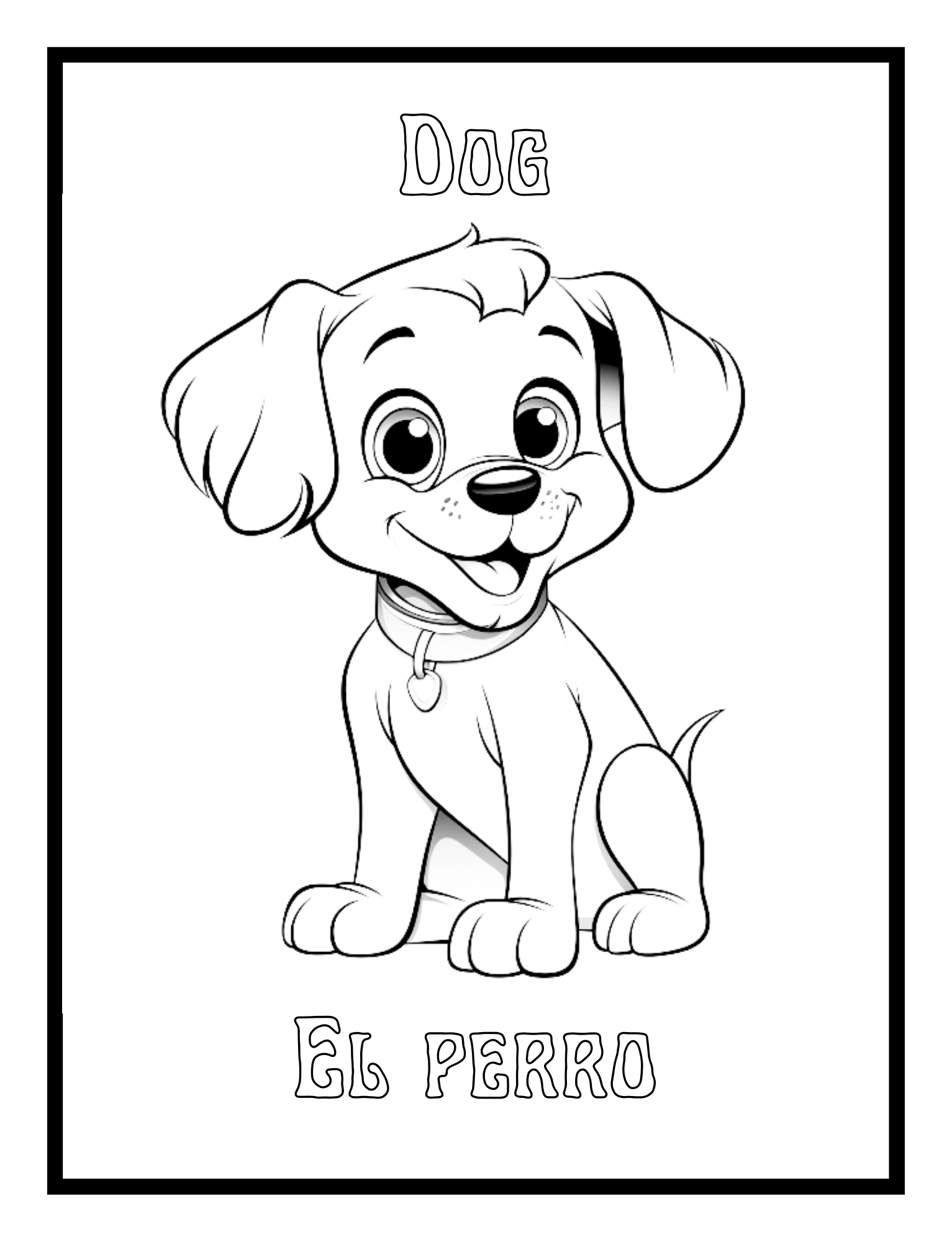 Dog – bilingual animal illustration (English-Spanish) from the Toddler Animal Coloring Book by Ruby Doodle