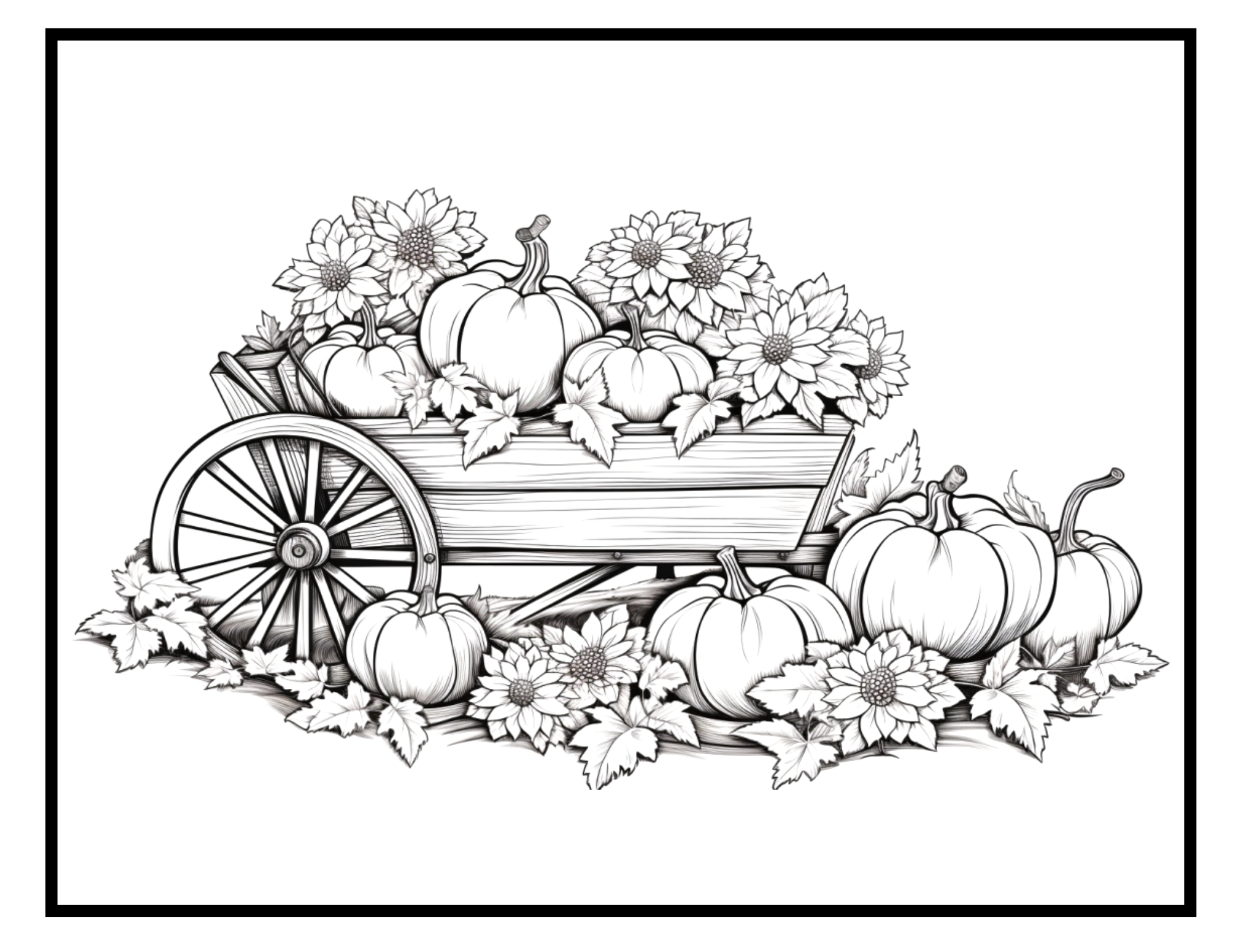 Cart filled with pumpkins and flowers – autumn-themed illustration from the Falling Leaves Coloring and Activity Book by Ruby Doodle