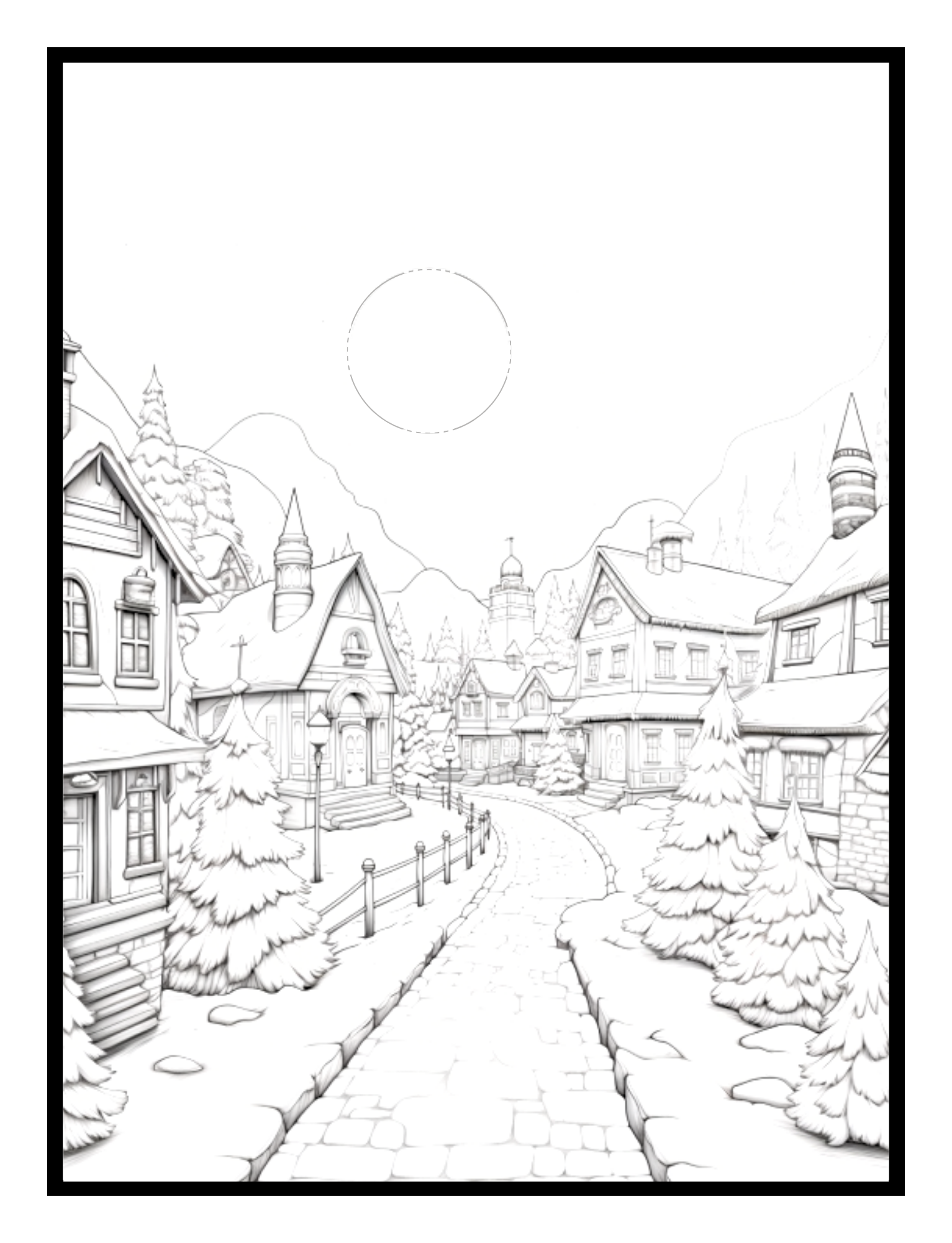 Winter village covered in snow – cozy scene illustration from the Winter Fun Coloring and Activity Book by Ruby Doodle