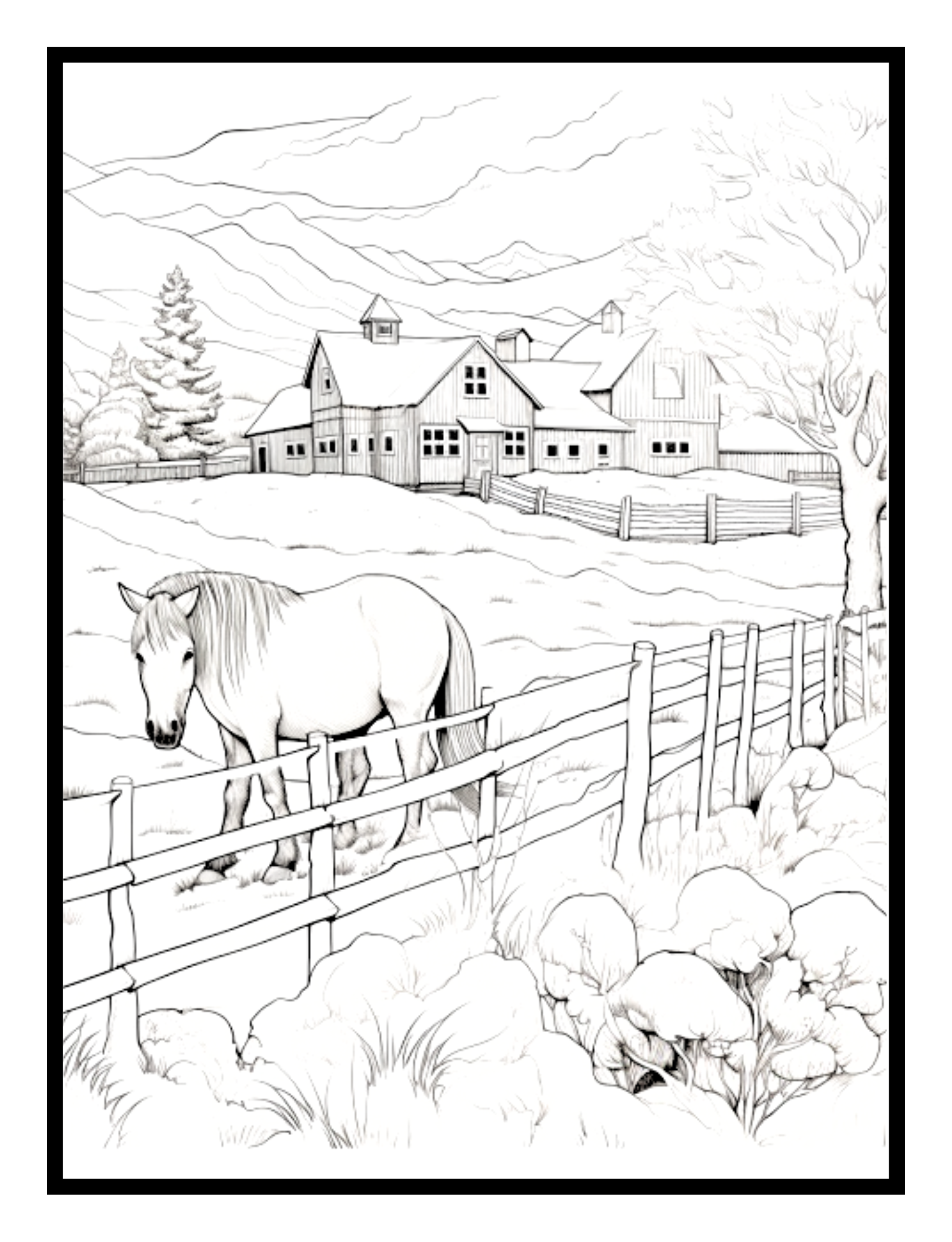 Horse in a snowy pasture with farmhouse in the distance – winter scene illustration from the Winter Fun Coloring and Activity Book by Ruby Doodle