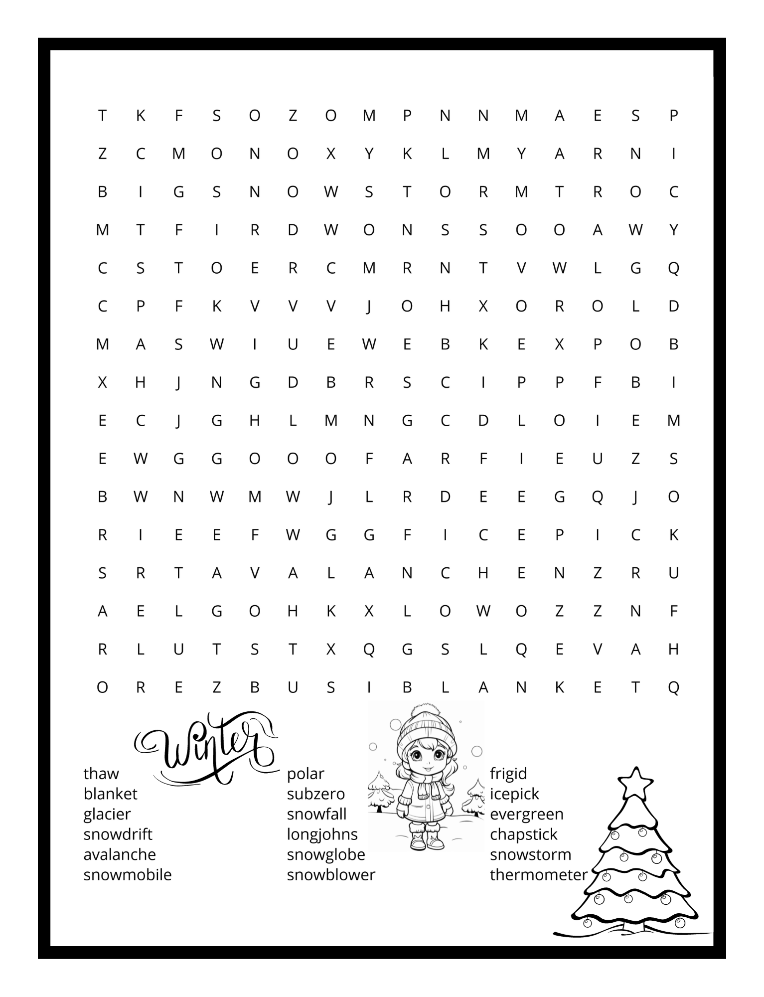 Winter-themed word search puzzle – fun activity from the Winter Fun Coloring and Activity Book by Ruby Doodle