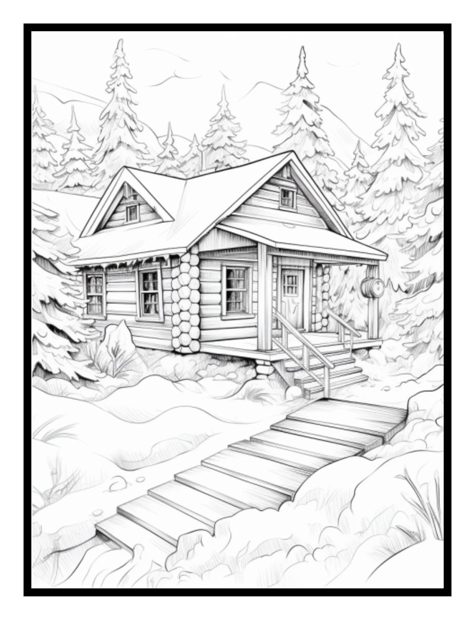 Cabin in the woods covered in snow – winter scene illustration from the Winter Fun Coloring and Activity Book by Ruby Doodle