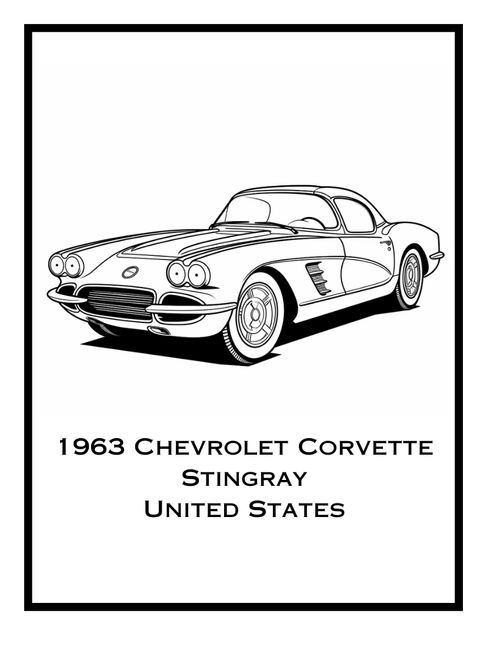 Coloring page of a 1963 Chevrolet Corvette Stingray from the United States, featured in the Classic Cars Around the World Coloring Book by Ruby Doodle. Detailed illustration perfect for classic car enthusiasts and coloring fans.