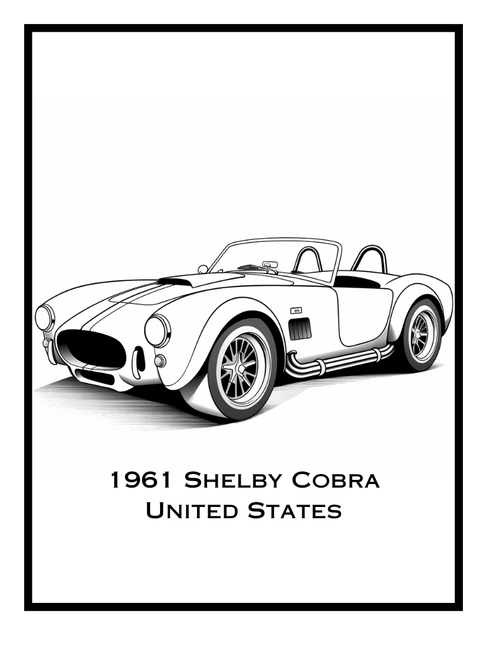 Coloring page of a 1961 Shelby Cobra from the United States, featured in the Classic Cars Around the World Coloring Book by Ruby Doodle. Detailed illustration perfect for classic car enthusiasts and coloring fans.