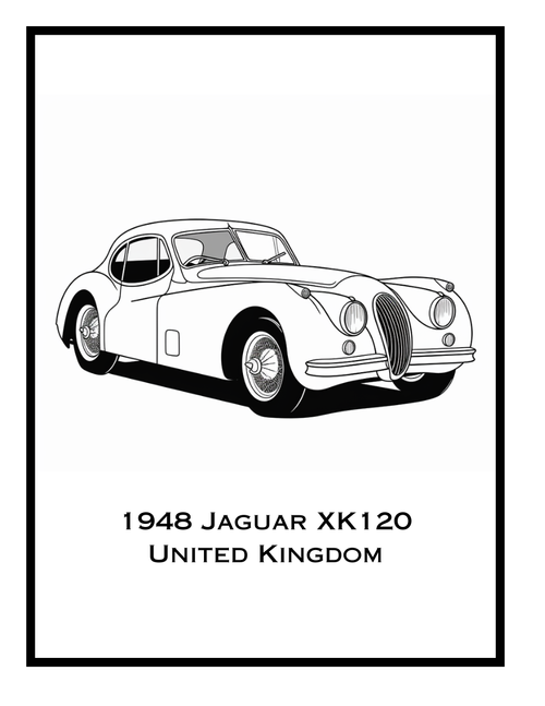 Coloring page of a 1948 Jaguar XK120 from the United Kingdom, featured in the Classic Cars Around the World Coloring Book by Ruby Doodle. Detailed illustration perfect for classic car enthusiasts and coloring fans.