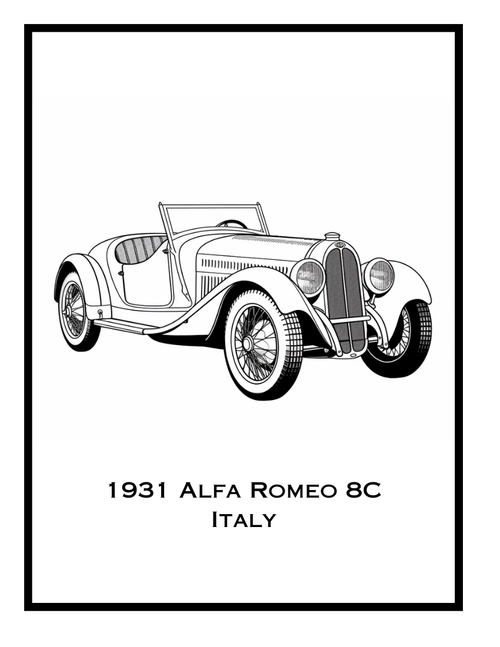 Coloring page of a 1931 Alfa Romeo 8C from Italy, featured in the Classic Cars Around the World Coloring Book by Ruby Doodle. Detailed illustration perfect for classic car enthusiasts and coloring fans.