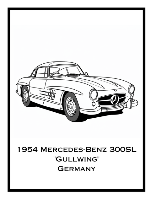 Coloring page of a 1954 Mercedes-Benz 300SL 'Gullwing' from Germany, featured in the Classic Cars Around the World Coloring Book by Ruby Doodle. Detailed illustration perfect for classic car enthusiasts and coloring fans.