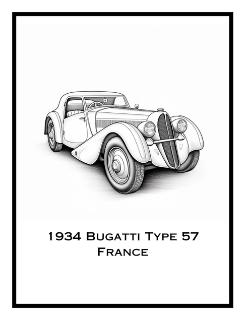 Coloring page of a 1934 Bugatti Type 57 from France, featured in the Classic Cars Around the World Coloring Book by Ruby Doodle. Detailed illustration perfect for classic car enthusiasts and coloring fans.