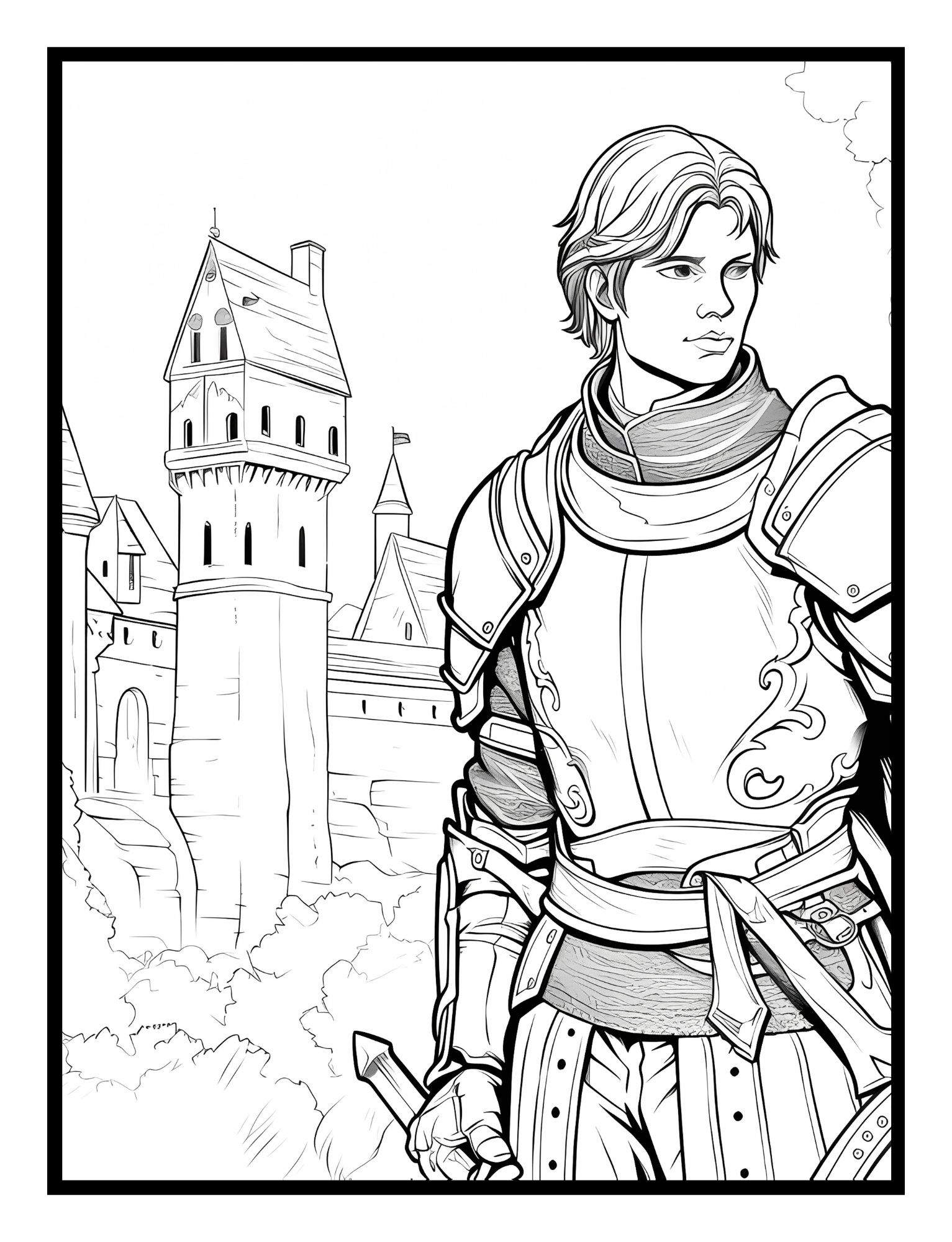 A close-up of a knight standing in front of a castle – fantasy illustration from the Enchanted Realms Coloring Book by Ruby Doodle