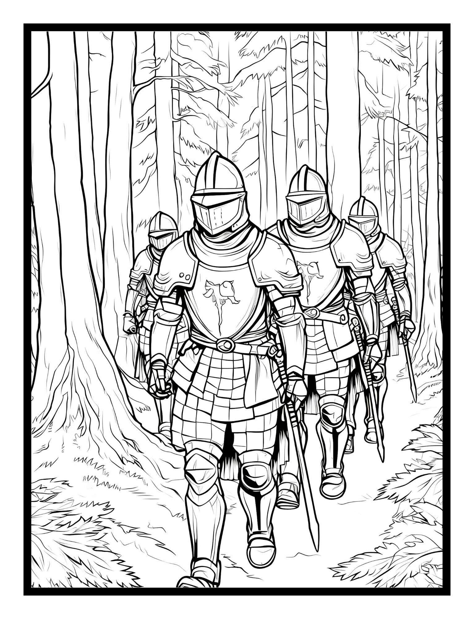 A group of knights marching through the forest – fantasy illustration from the Enchanted Realms Coloring Book by Ruby Doodle