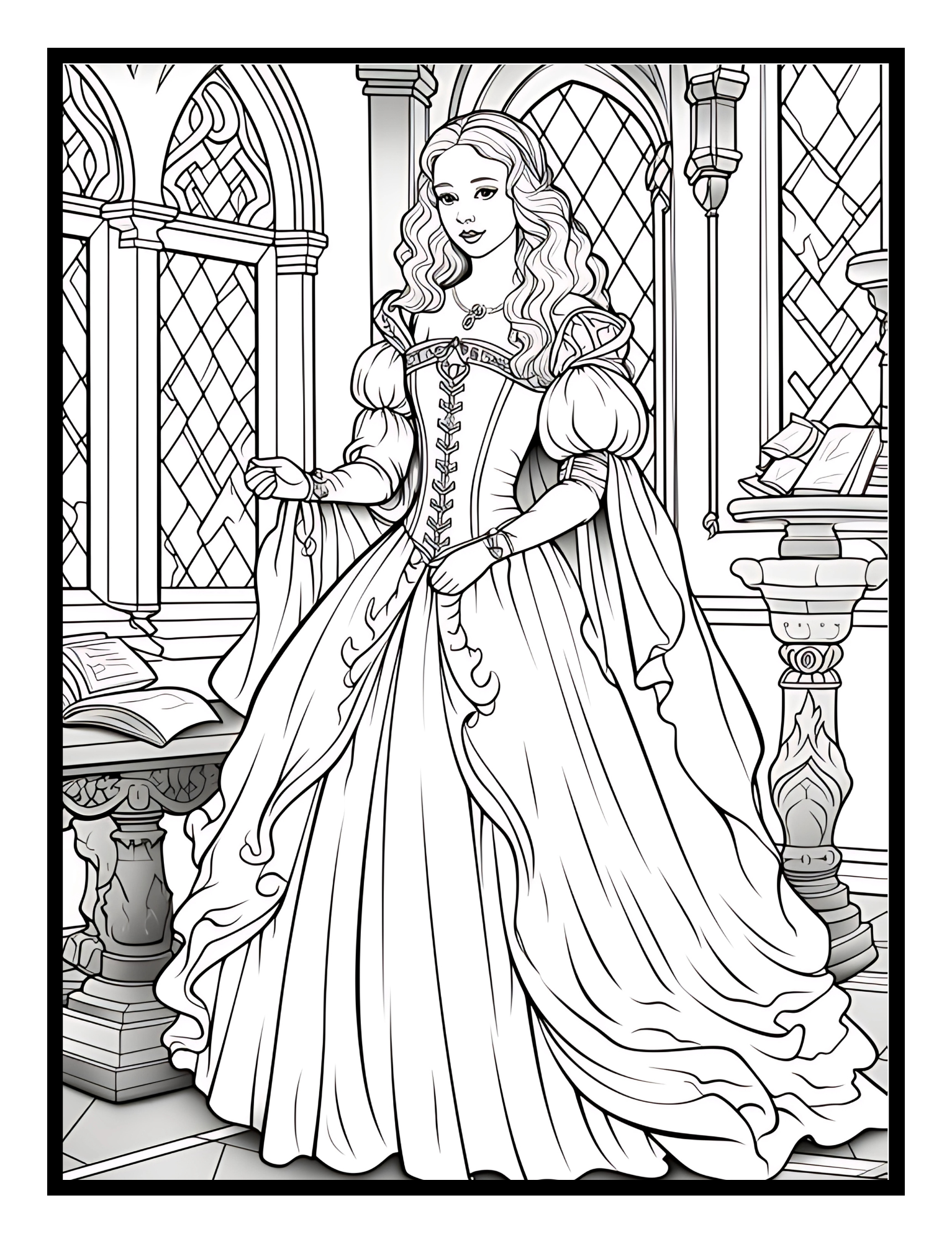 A princess standing inside a castle – fantasy illustration from the Enchanted Realms Coloring Book by Ruby Doodle