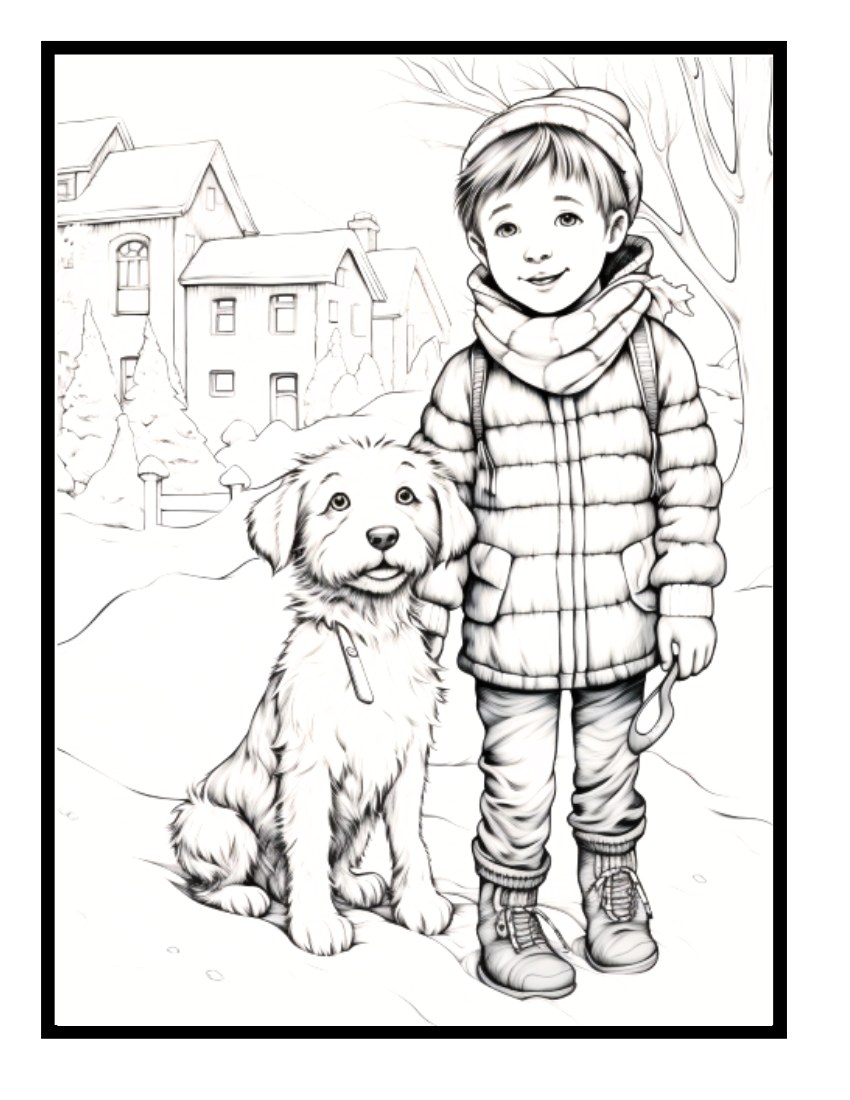 Boy and dog playing outside in the snow – winter scene illustration from the Winter Fun Coloring and Activity Book by Ruby Doodle